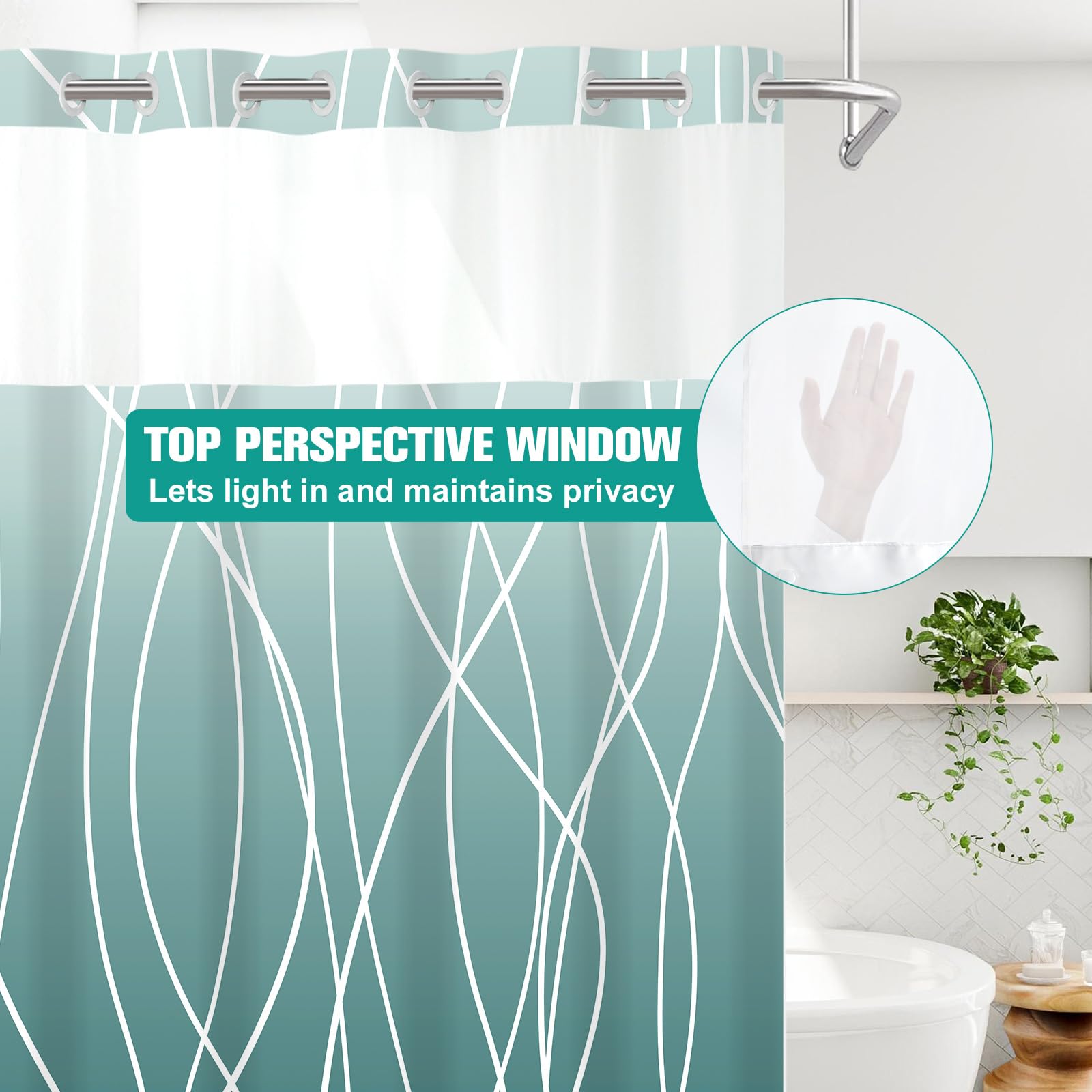 Lxbni No Hook Ombre Teal Striped Shower Curtain With Snap In Fabric Liner Set - Hotel Shower Curtain And Liner Set With See Thro