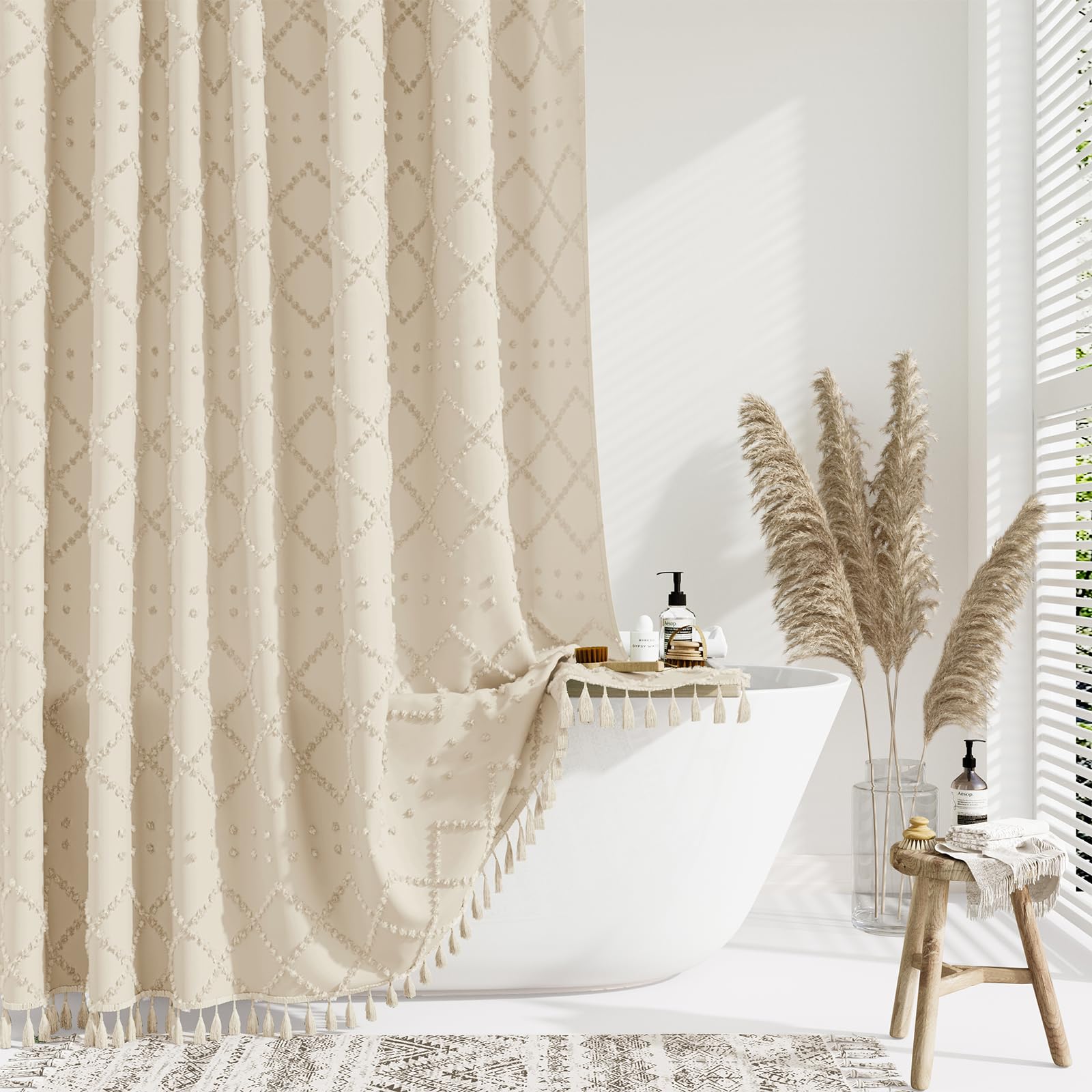 Dynamene Beige Fabric Shower Curtain, Boho Tufted Geometric Striped Tassel Shower Curtain For Bathroom, Shabby Chic Textured Mod