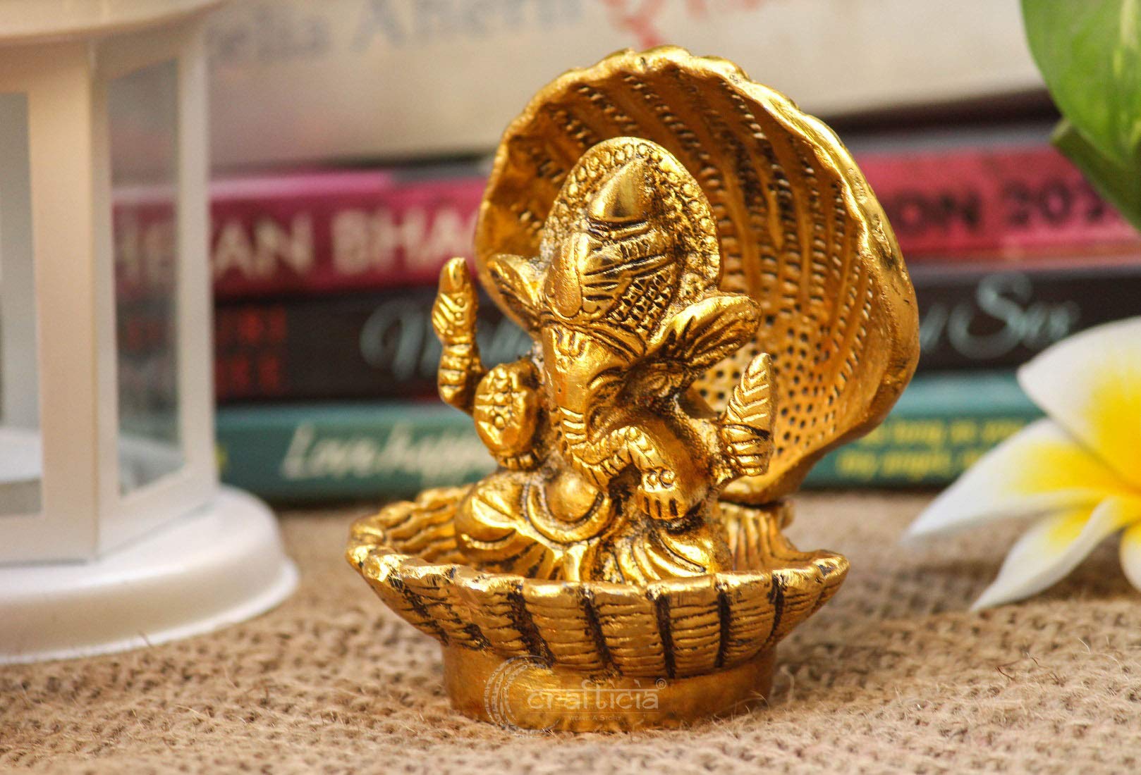 Crafticia Metal Lord Ganesh Statue Sitting In Seep Ganesha For Puja Showpiece (8 X 8 X 8.5 Cm, Golden), Gold, Medium