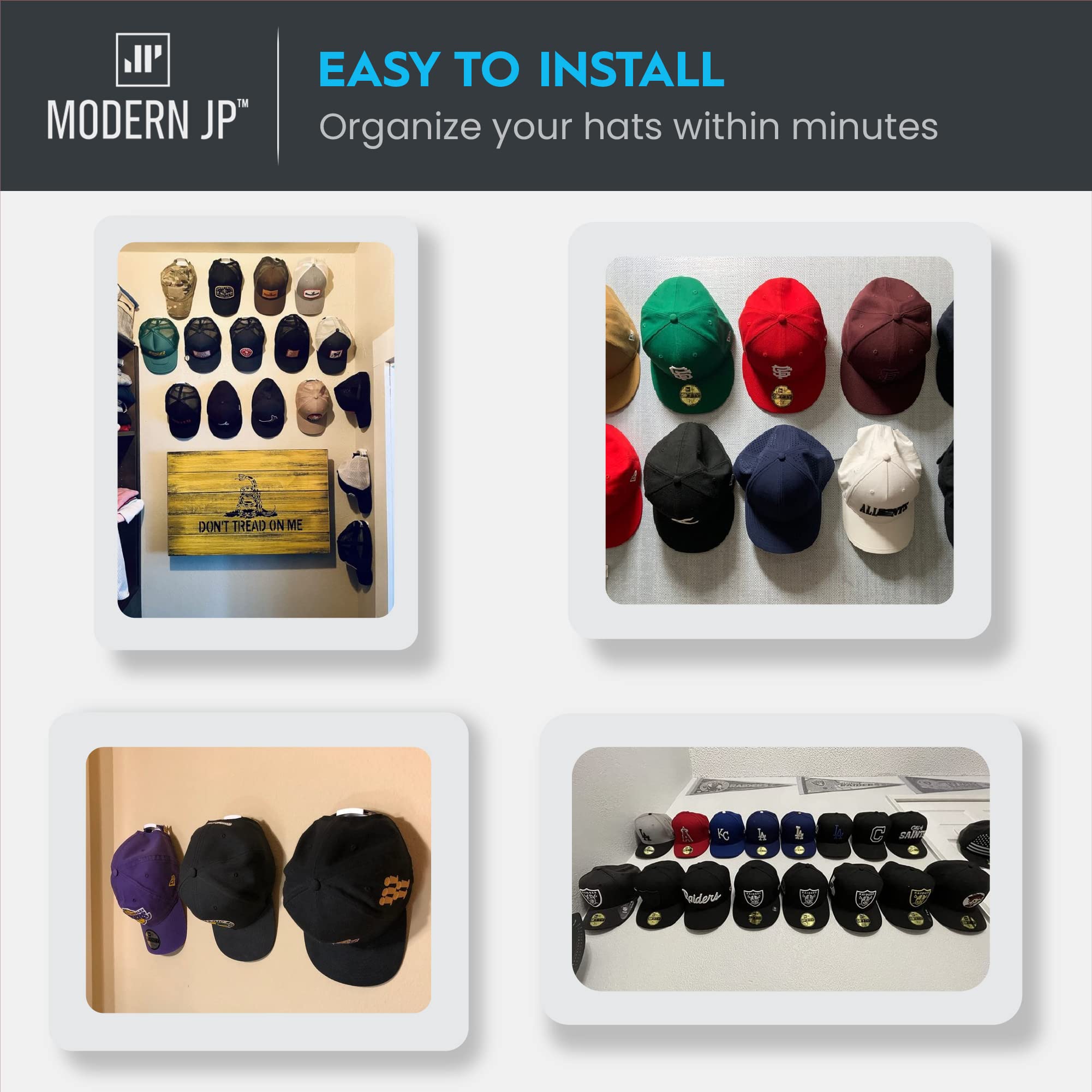 Modern Jp Adhesive Hat Hooks For Wall (16-Pack) - Minimalist Hat Rack Design, No Drilling, Strong Hold Hat Hangers - Usa Patente