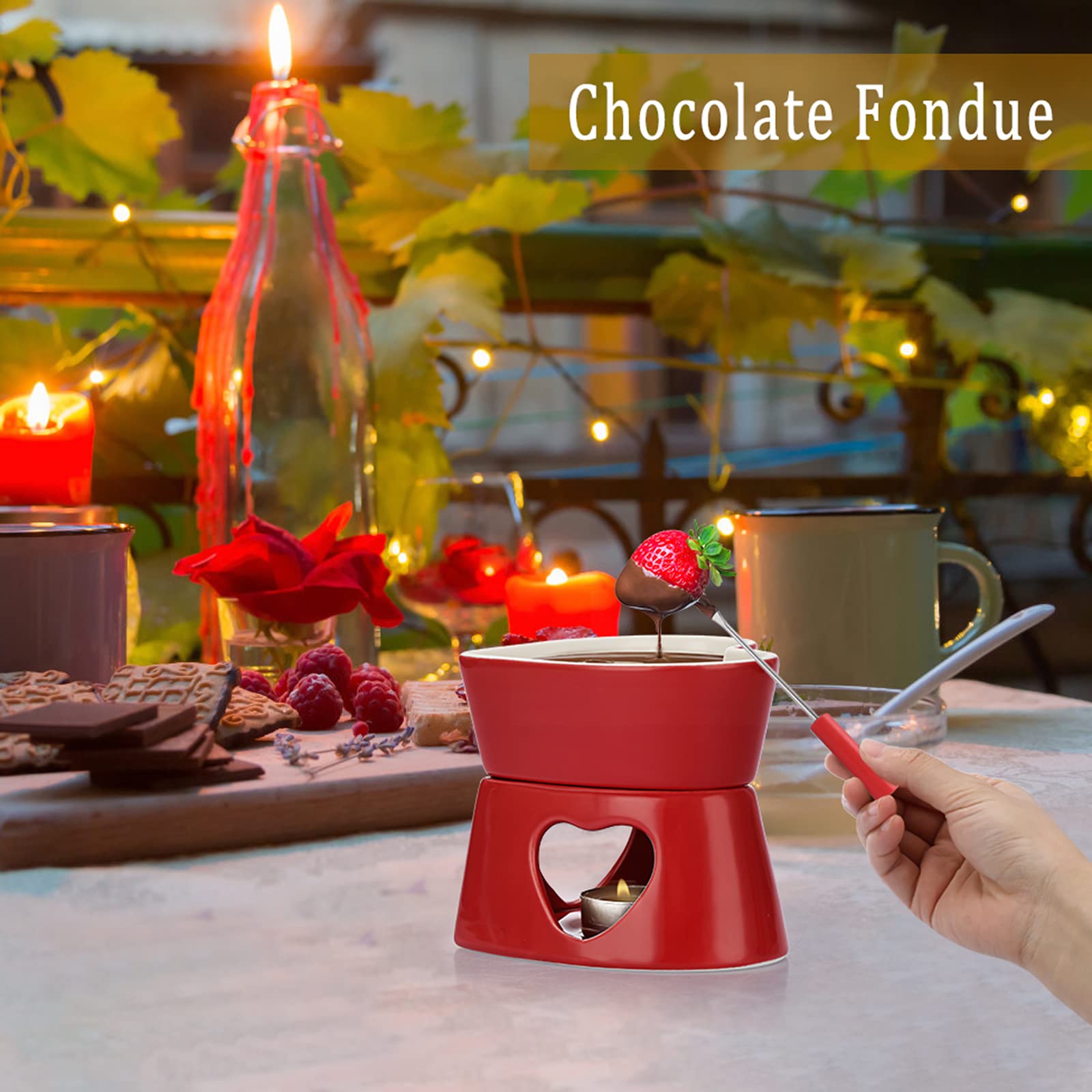 Bstkey Red Ceramic Butter Warmer Set, Heart Shaped Fondue Pot Melting Pot Set, Melt Hot Pot Bowl Set For Cheese Chocolate Butter