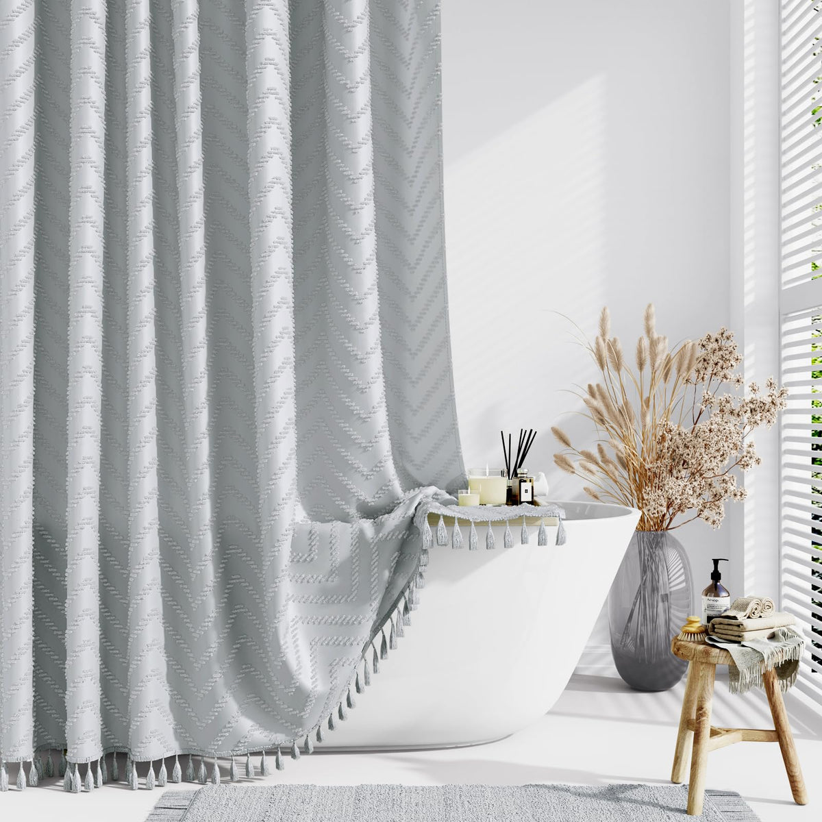 Dynamene Boho Farmhouse Shower Curtain, Grey Fabric Tufted Chevron Striped Textured Tassel Shower Curtains For Bathroom, Water R
