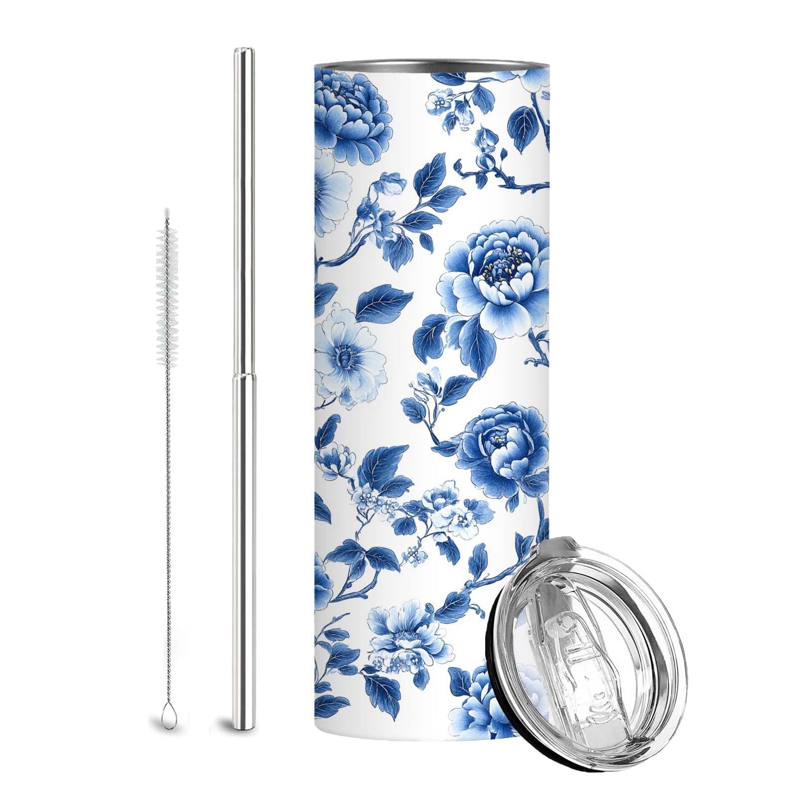 Firmiso Blue and White Floral Tumbler 20oz, Chinoiserie Skinny Cup with Lid and Straw, Blue Flower Travel Mug for Coffee Water, 