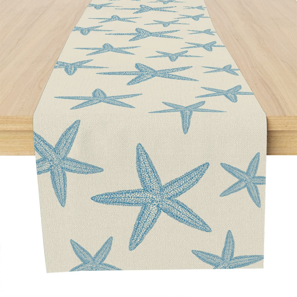 Blue Starfish Table Runner,Nautical Beach Table Runner Decor For Dinning Room Kitchen Ocean Sea Table Runner Decorations For Hol