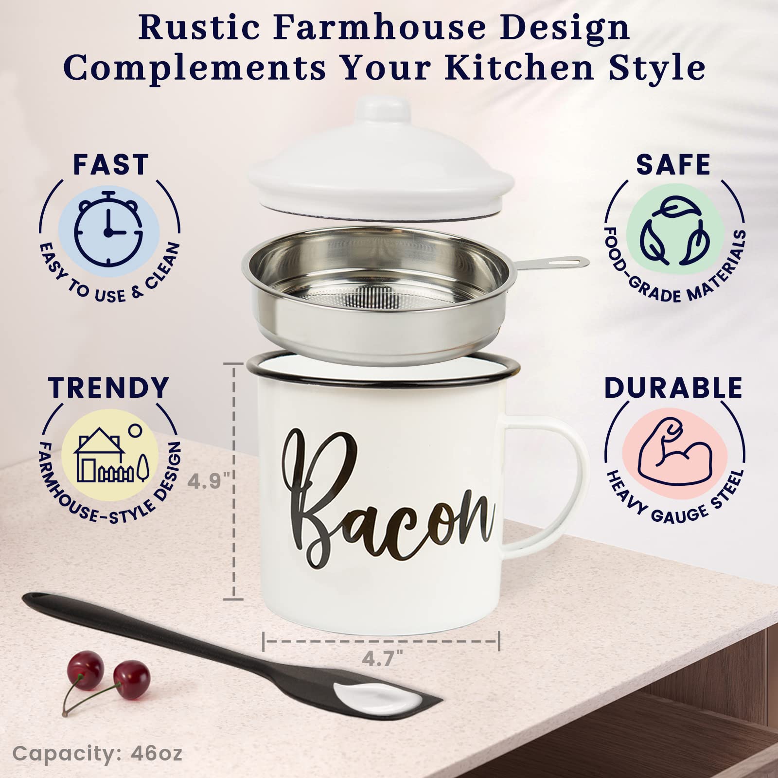 Bacon Grease Container With Strainer - With Food-Grade Silicone Spatula , 46Oz Large Enamel Rustic Farmhouse Fat Container , Kee