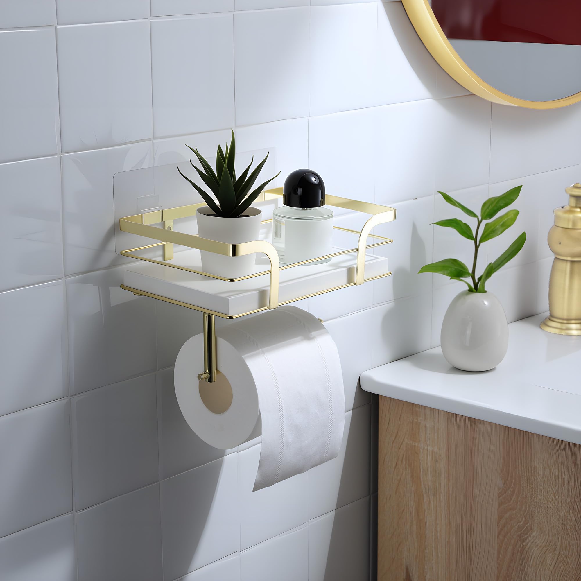 Toilet Paper Holder With Shelf - Toilet Roll Holder Modern Decor For Bathroom, White Wooden Shelf Without Drilling&Wall Mounted