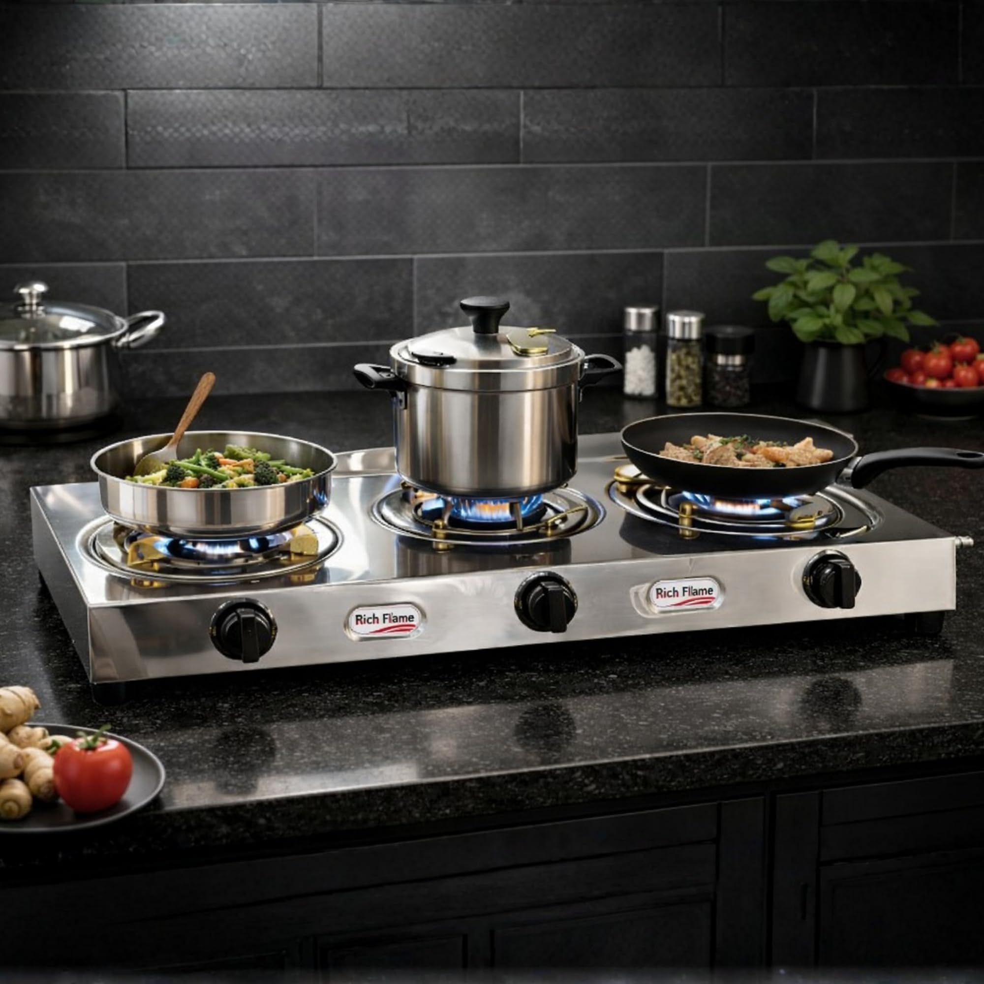 Rich Flame Gas Stove 3 Burners | Isi Certified | Gas Chulha, Brass Burner, Fuel Efficient Burner, Lpg & Png Compatible