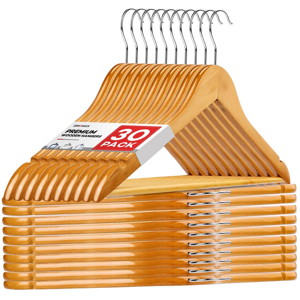 Wooden Hangers 30 Pack, Heavy Duty Wood Hangers For Coats, Suits, Jackets, Closet & Pants Durable Premium Wood Hangers With 360-
