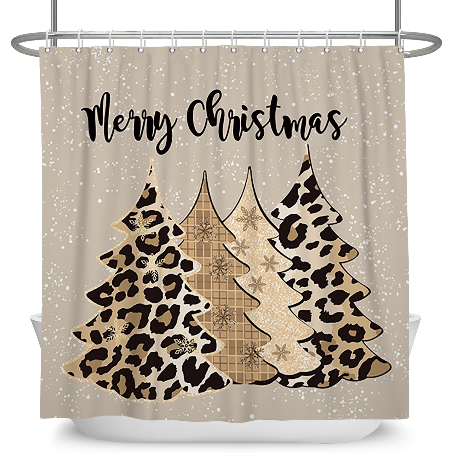 Leowefowa Leopard Christmas Tree Shower Curtain Winter Pine Tree Snowflake Shower Curtain For Holiday Farmhouse Bathtub Bathroom
