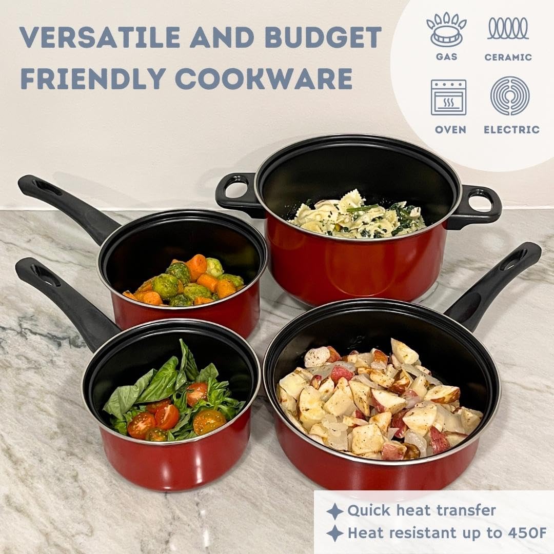 Imperial Home 7 Pc Carbon Steel Nonstick Cookware Set, Pots & Pans, Dishwasher Safe Cooking Set, Kitchen Essentials (Red)