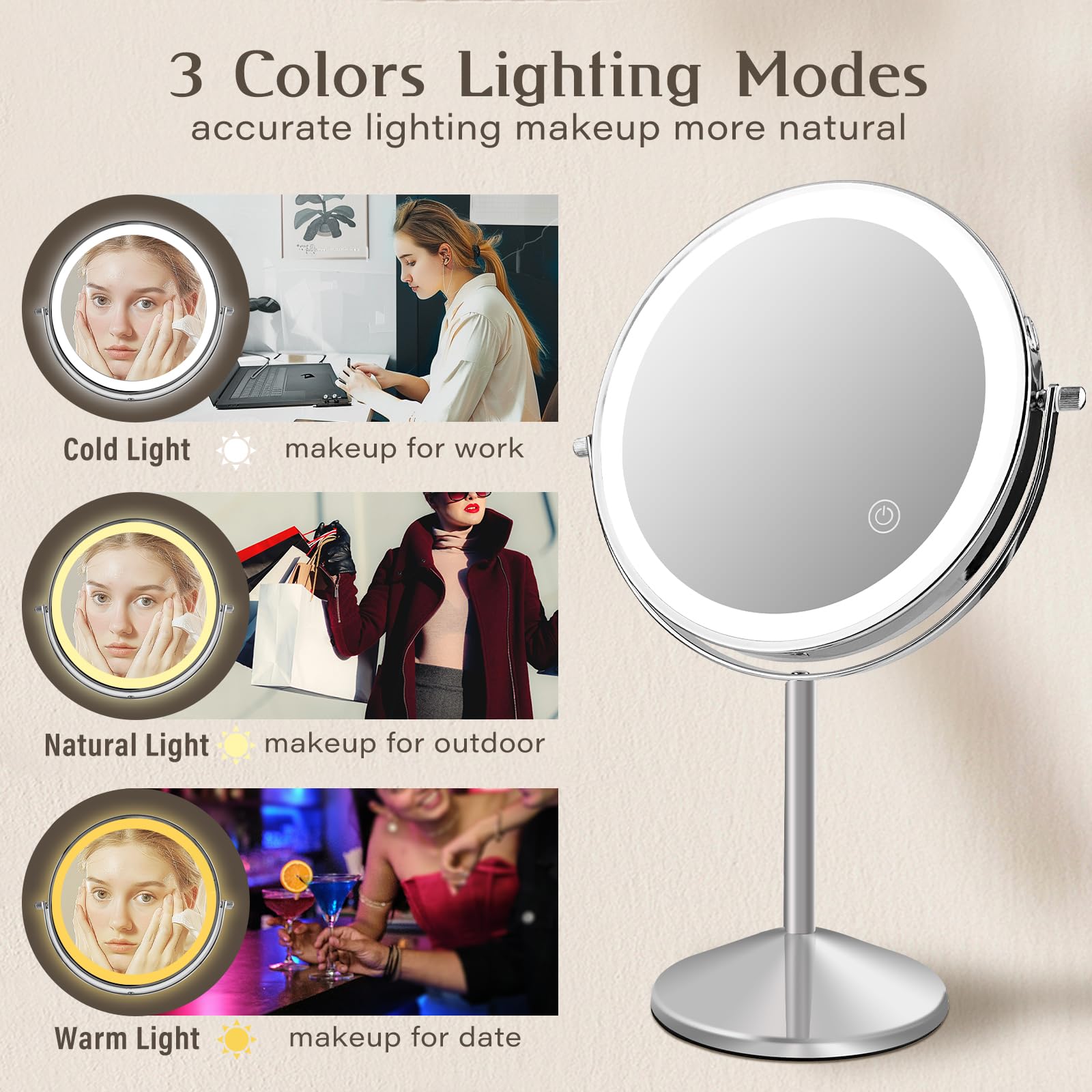 Ysenchan Lighted Makeup Mirror, 8'' Rechargable Led Vanity Magnifying Mirror, Double Sided 5X Manification Mirror With Stand, Co