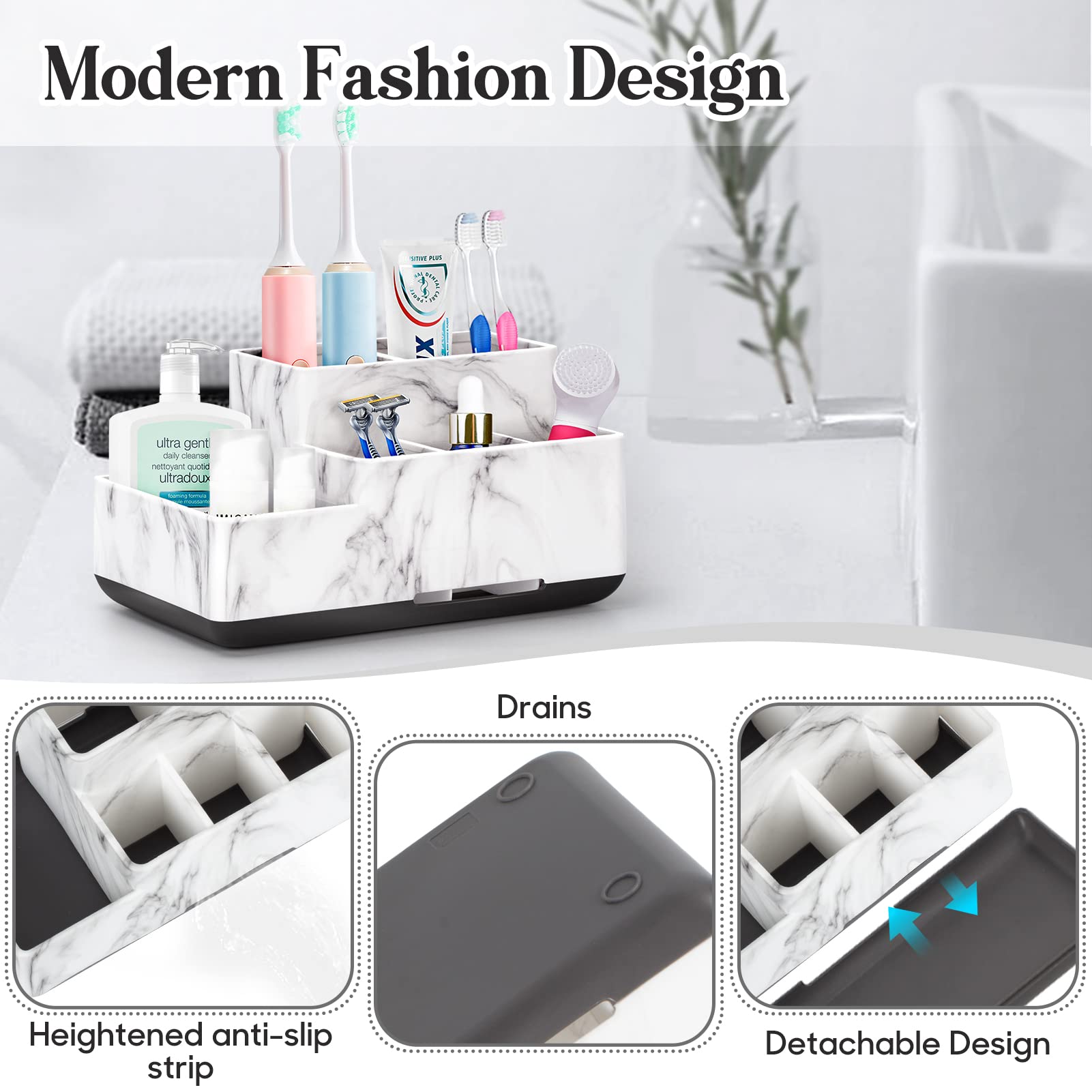 Detachable Toothbrush And Toothpaste Holder For Bathroom Countertop, Large Bathroom Organizer Storage Anti-Slip For Shower, Kitc