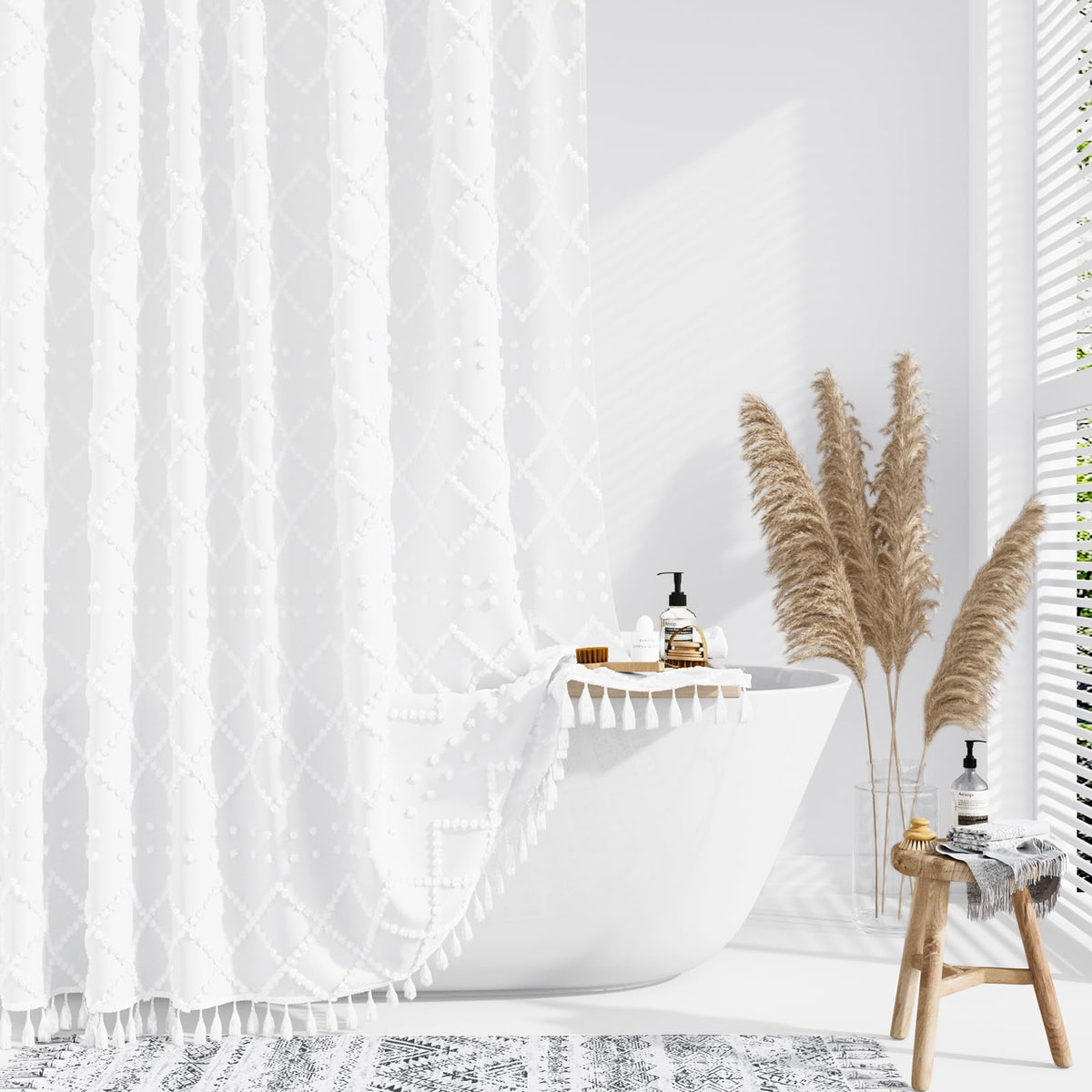 Dynamene 78 Inches Long Shower Curtain, Boho Tufted Geometric Striped Tall Cloth Shower Curtains For Bathroom Decor, Large Hotel