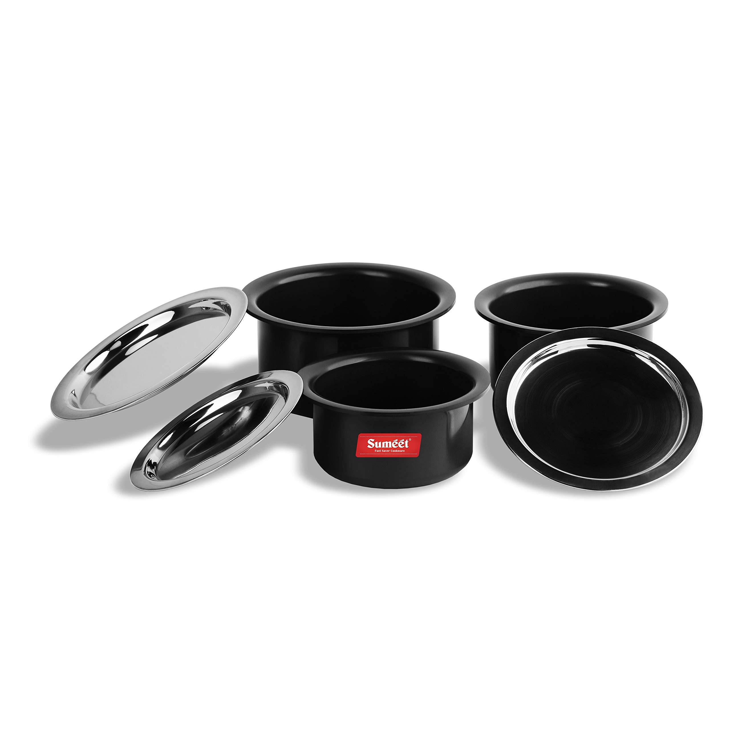 Sumeet Aluminium Cookware Set With Lid, 0.9 LTR, 1.4 LTR, 1.8 LTR, 3 Piece top, 3 piece lid (Black)
