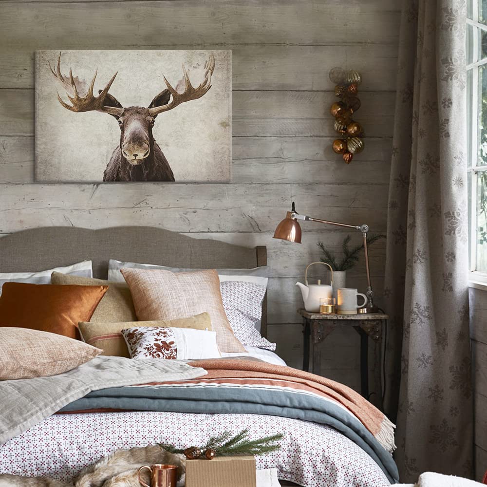 SEVEN WALL ARTS Moose Wall Art Canvas, 36"x24", Rustic Cabin Decor, Vintage Elk & Deer Painting for Living Room, Hunting Lodge Theme