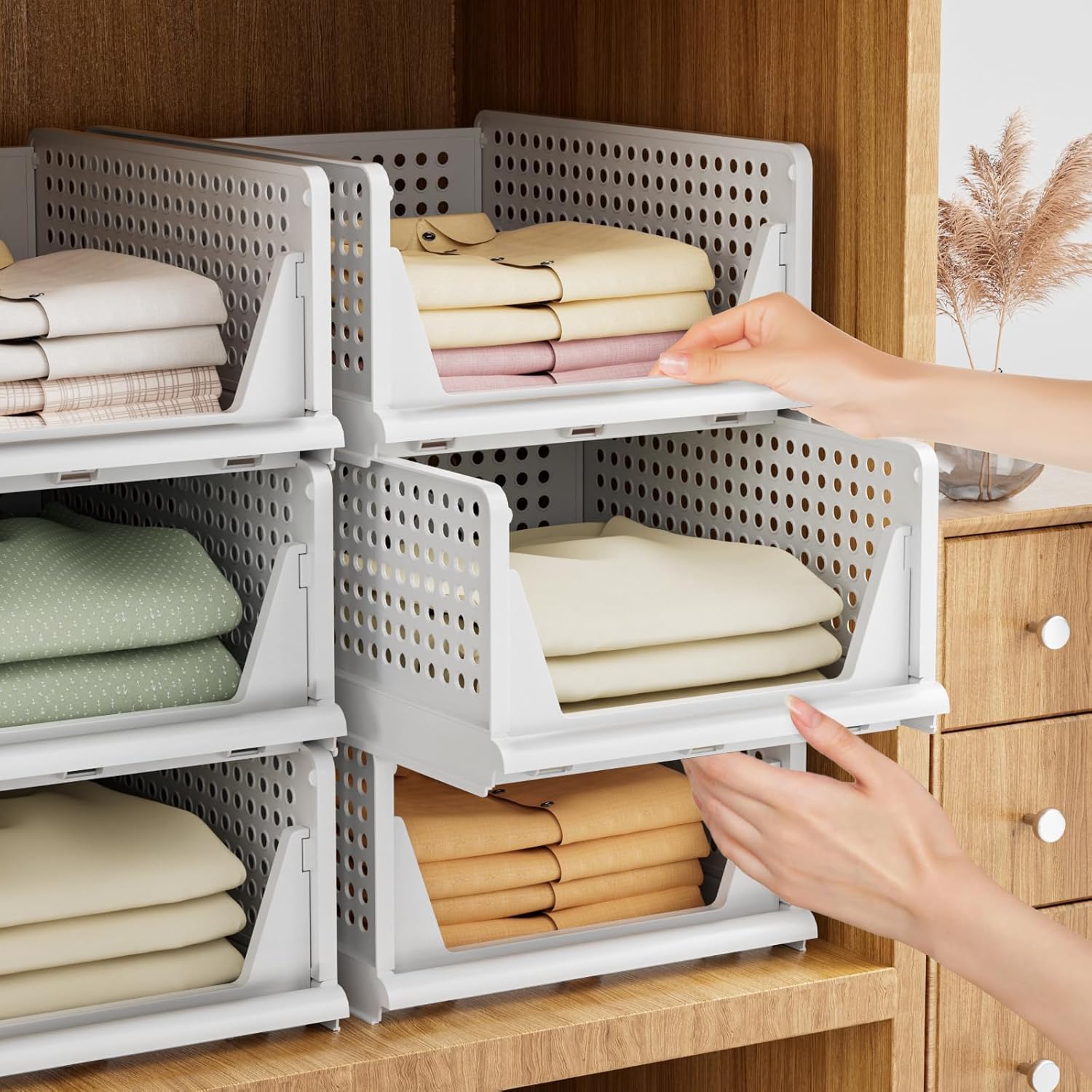 Homifly Set Of 3 Large Foldable Cloth Storage Organizer/Stackable Wardrobe Organizer For Clothes/Multipurpose Sliding Basket/Rac