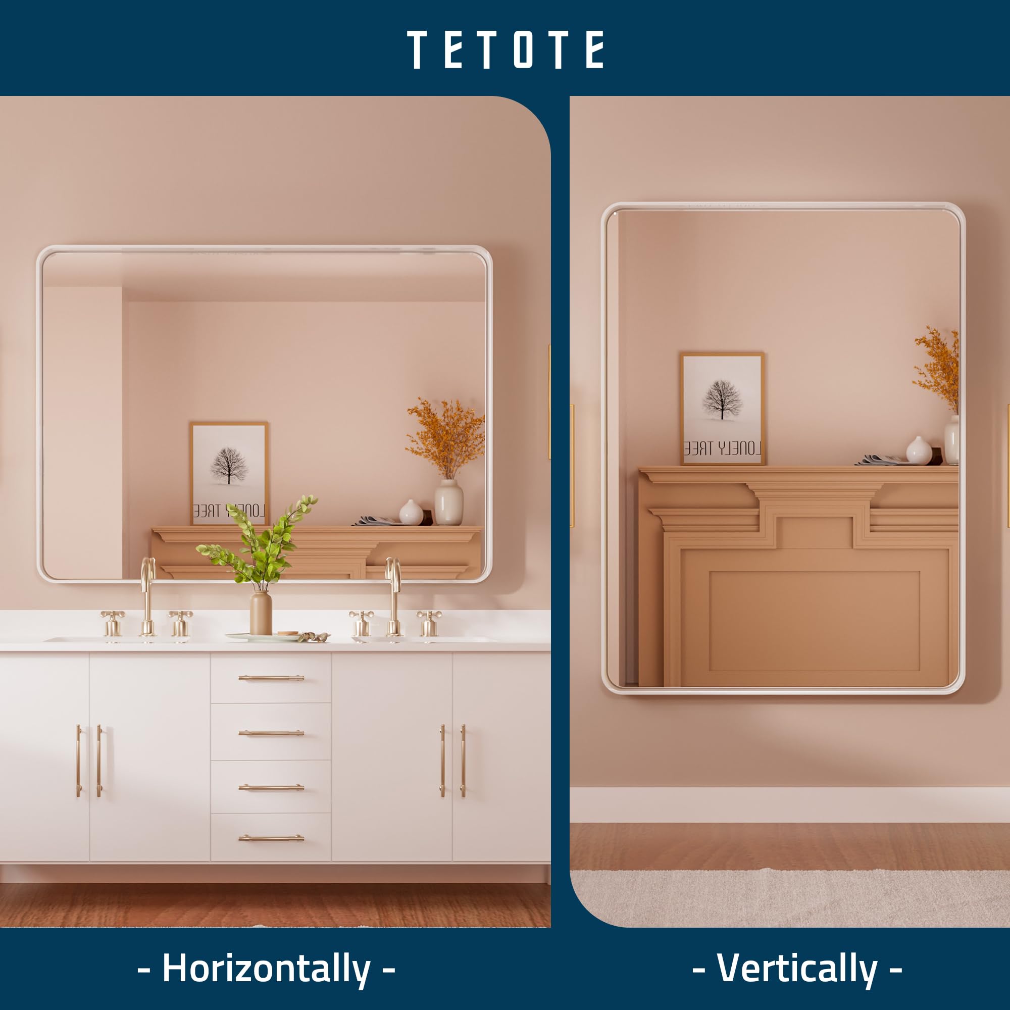 Tetote 48 X 36 White Mirror For Bathroom Metal Frame Wall Mounted Rectangle Mirror For Vanity With Sandy Textured Surface(Horizo