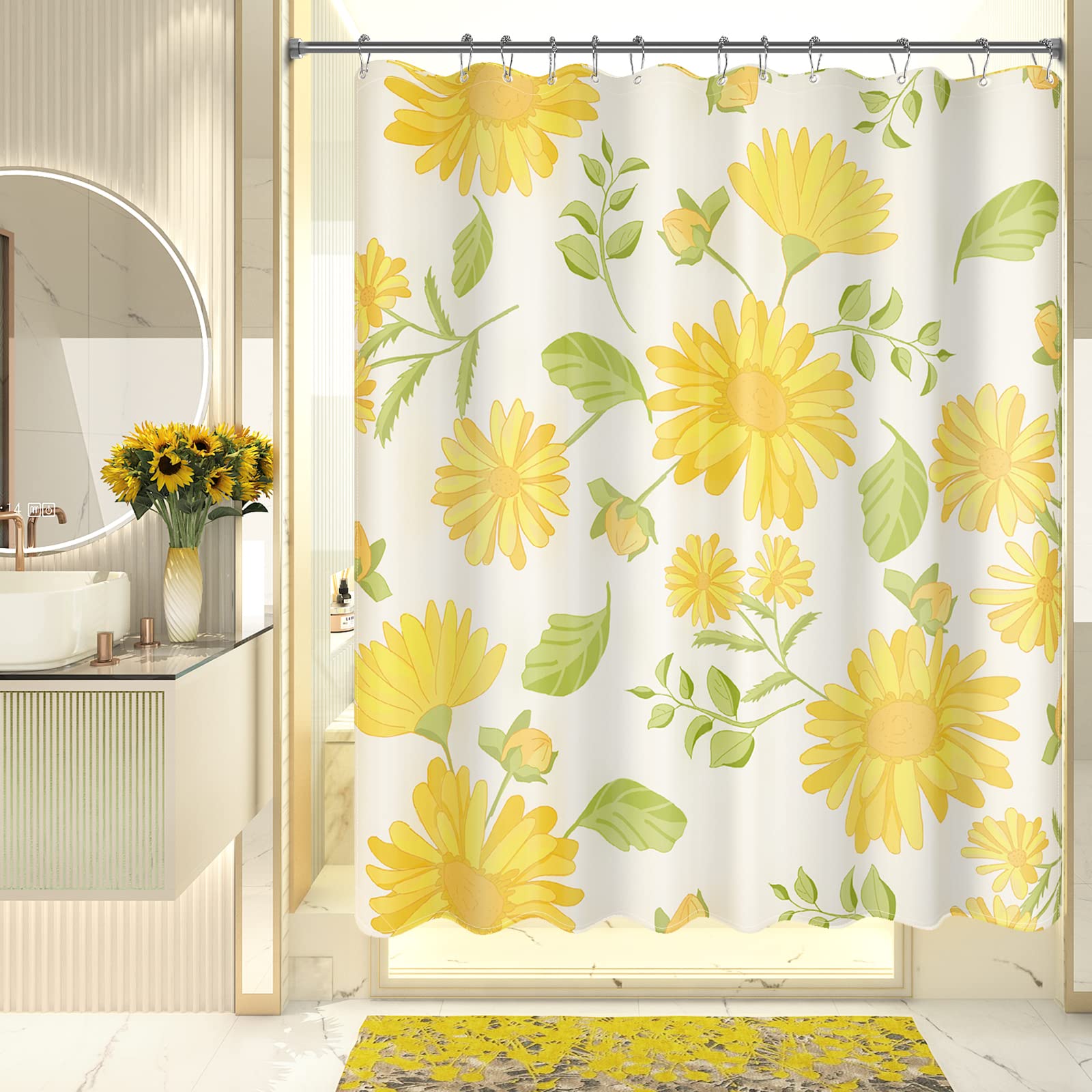 Amazerbath Floral Shower Curtain, Washable Cloth Shower Curtain Sets With 12 Shower Curtain Hooks, Fabric Rustic Yellow Gerbera