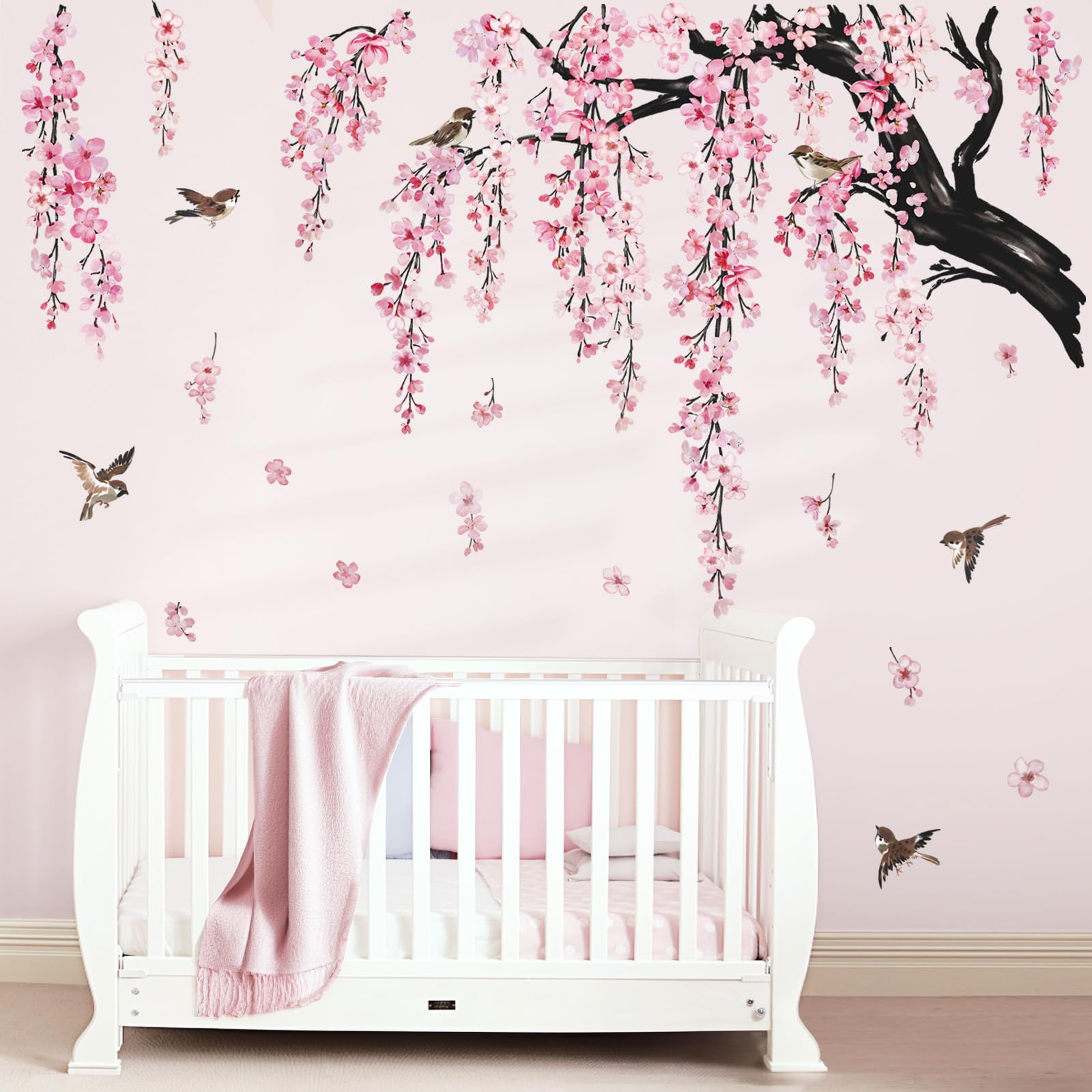 Wondever Large Flower Tree Branch Wall Stickers Pink Cherry Blossom Floral Birds Wall Art Decals For Living Room Bedroom Tv Wall