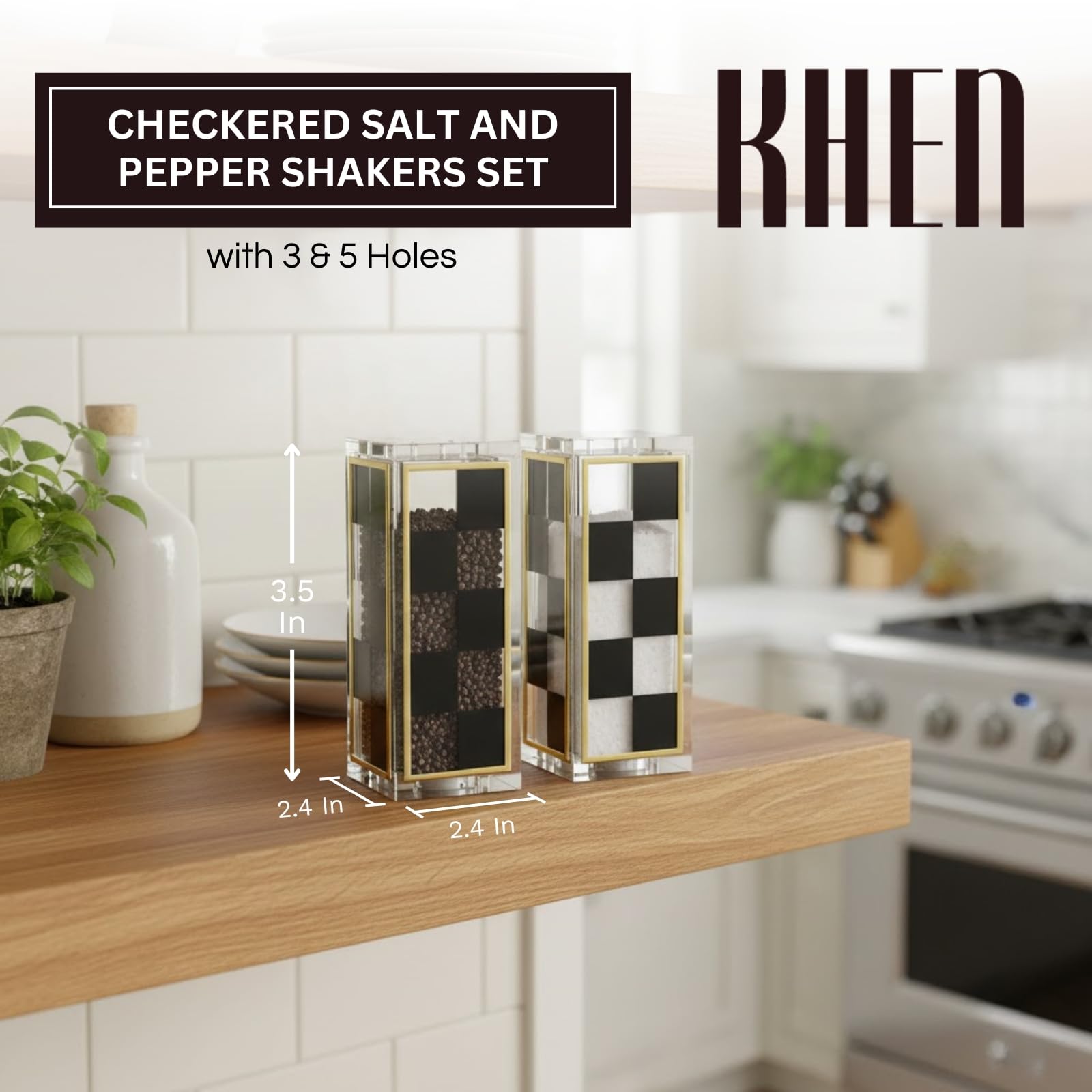 Checkered Salt and Pepper Shakers Set, Black White Square Design with 3 & 5 Holes
