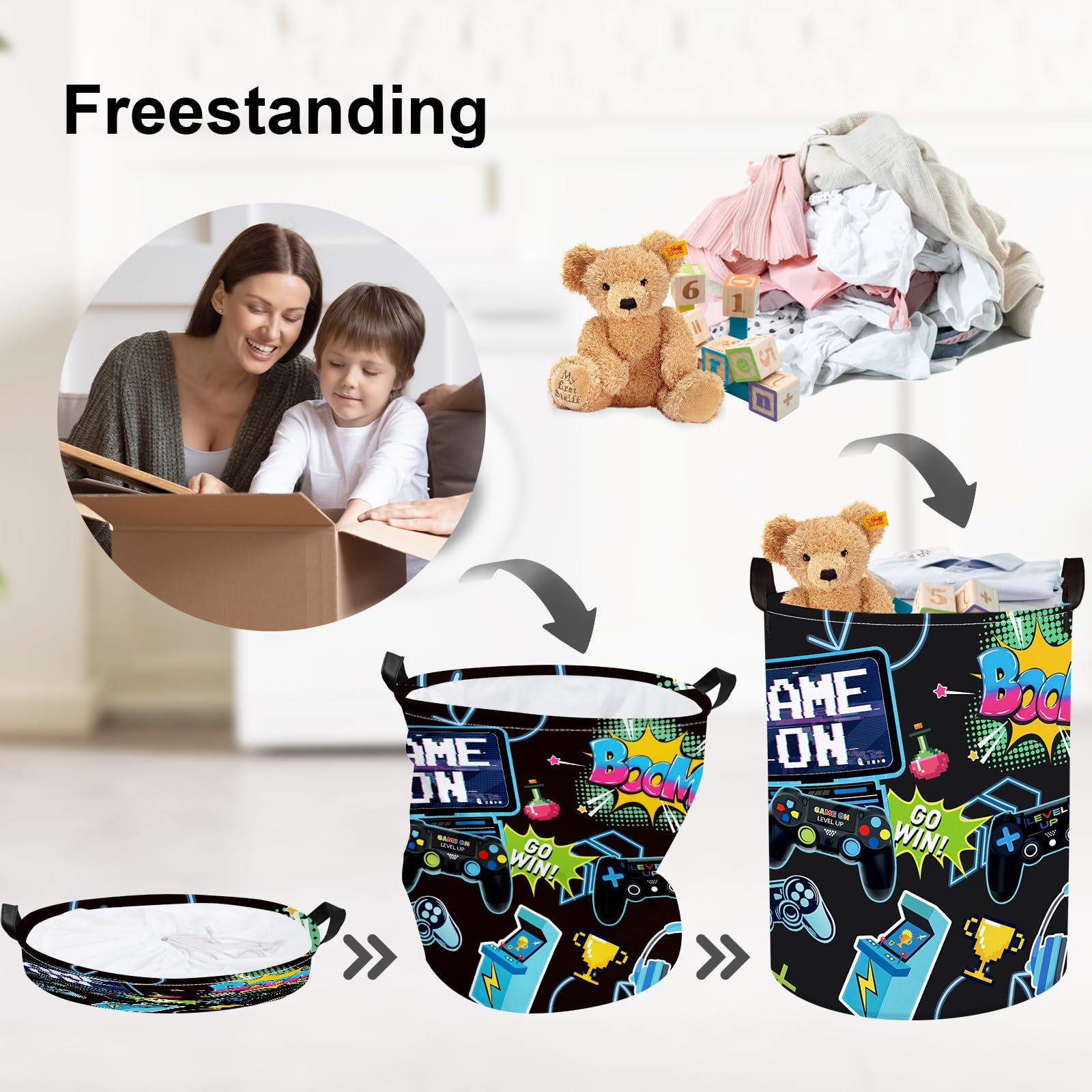 Clastyle Cool Game Storage Basket Kid Game Controller Clothes Laundry Hamper Collapsible Boy Toy Box For Nursery Palyroom,Black,