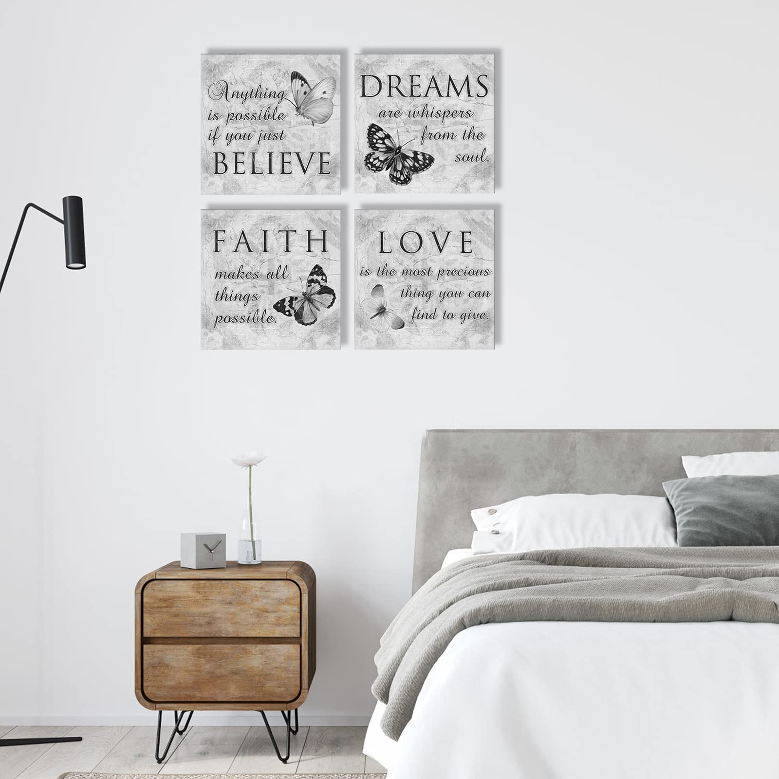 Inspirational Butterfly Wall Art - 4 Panels Grey Canvas Print - Faith Love Dreams Believe Calligraphy Canvas Wall Decor - Motivational Posters for Home Office Decor (B01  12x12inch)