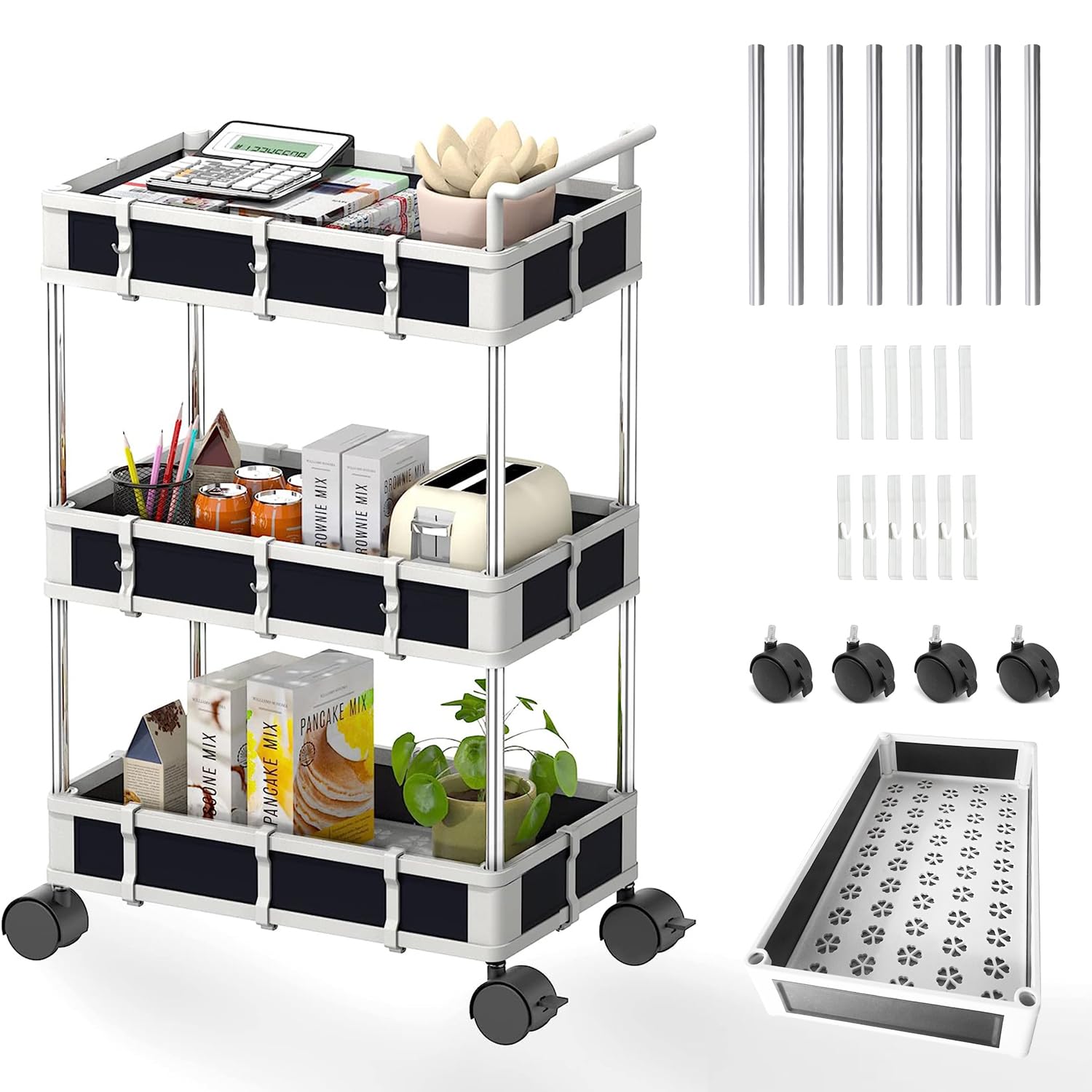 Nunet Under Sink Organizer W. Locking Casters & Handle 2/3/4 Tier Adjustable Small Rolling Cart Cabinet Storage Large Capacity M