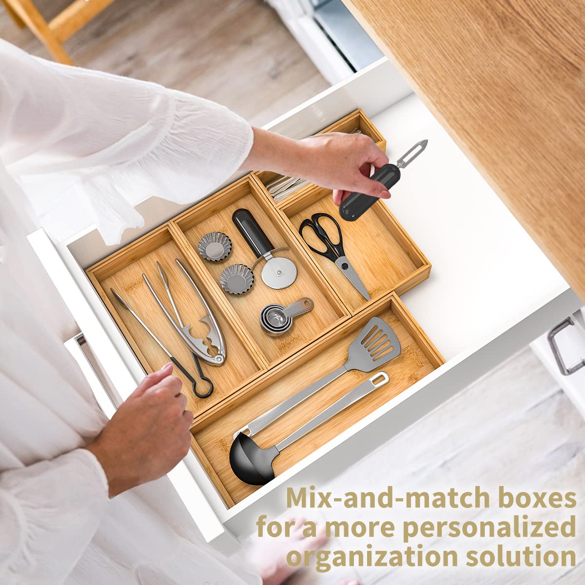 Stackable Bamboo Kitchen Drawer Organizer, Stackable Silverware Tray Utensil Organizer Holder For Kitchen Drawers, Multi-Use Sto