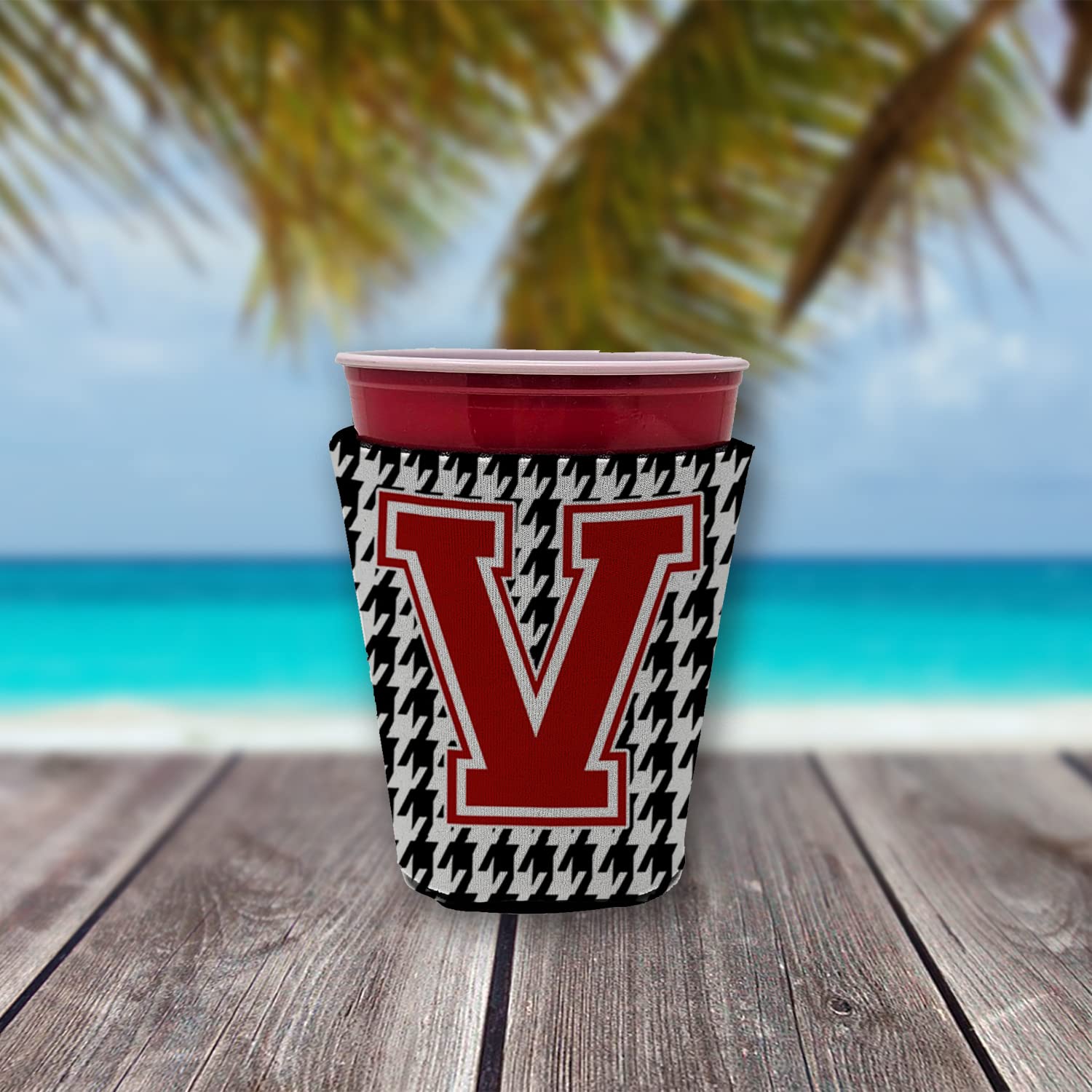 Monogram - Houndstooth  Initial  V Red Solo Cup Beverage Insulator Hugger CJ1021V-RSC