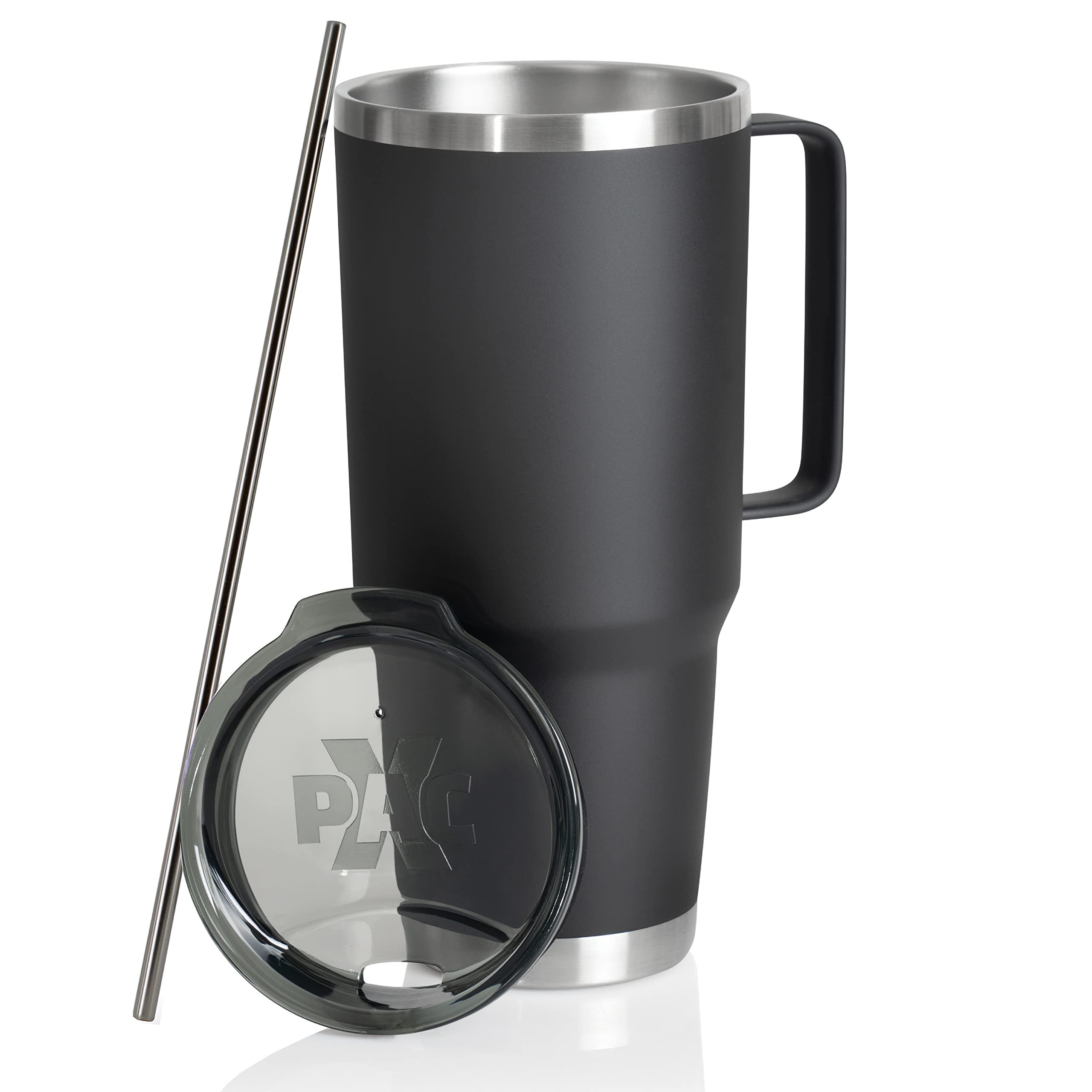 XPAC Double Vacuum Wall Stainless Steel Tumbler with Lid, 64 Ounce, With Handle, Black, Fits in a 4 Wide Car Beverage Holder