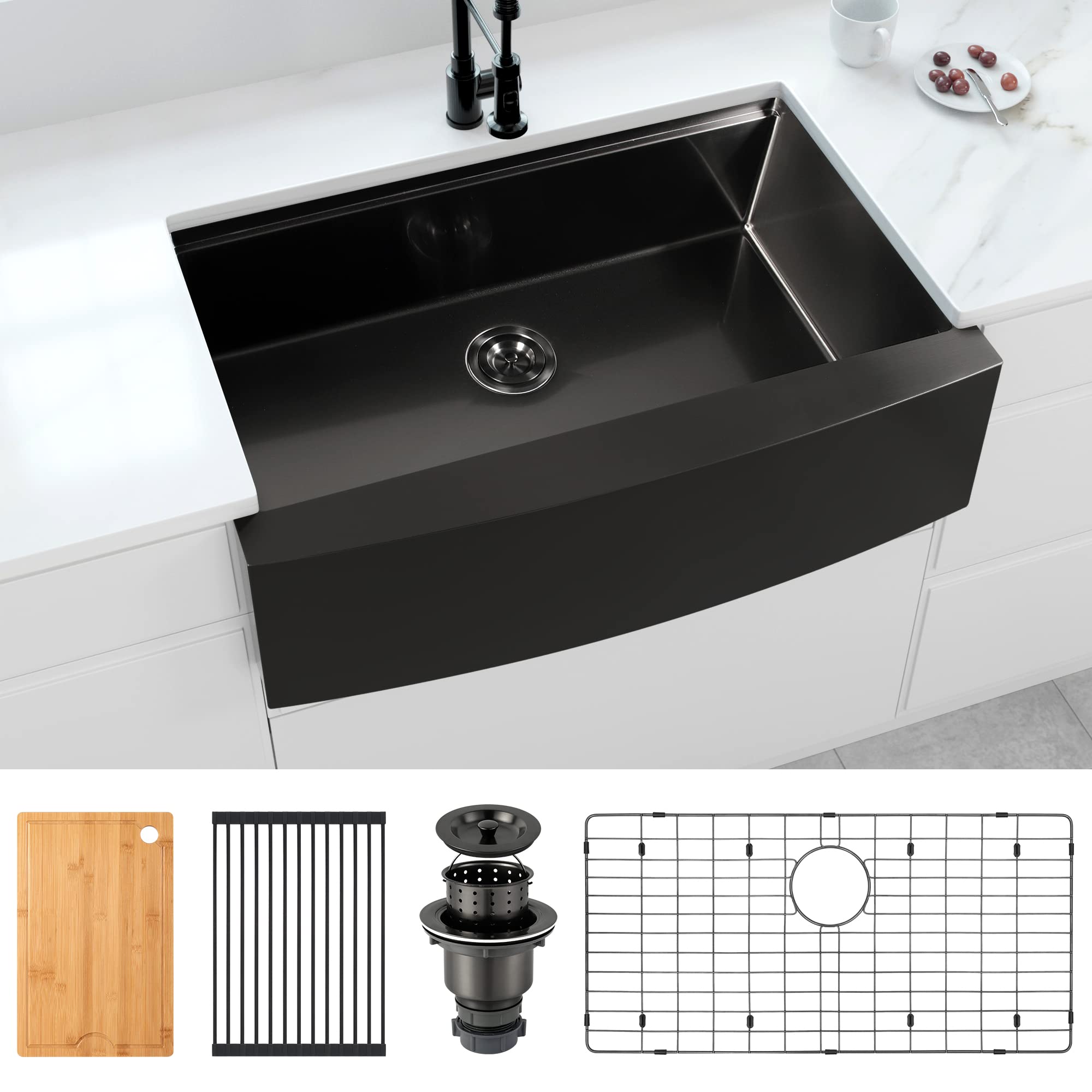 MONSINTA 33 Inch Black Farmhouse Sink, Large Kitchen Sink, 12 Gauge Workstation Ledge Sink, Deep Single Bowl Kitchen Sink, Stain