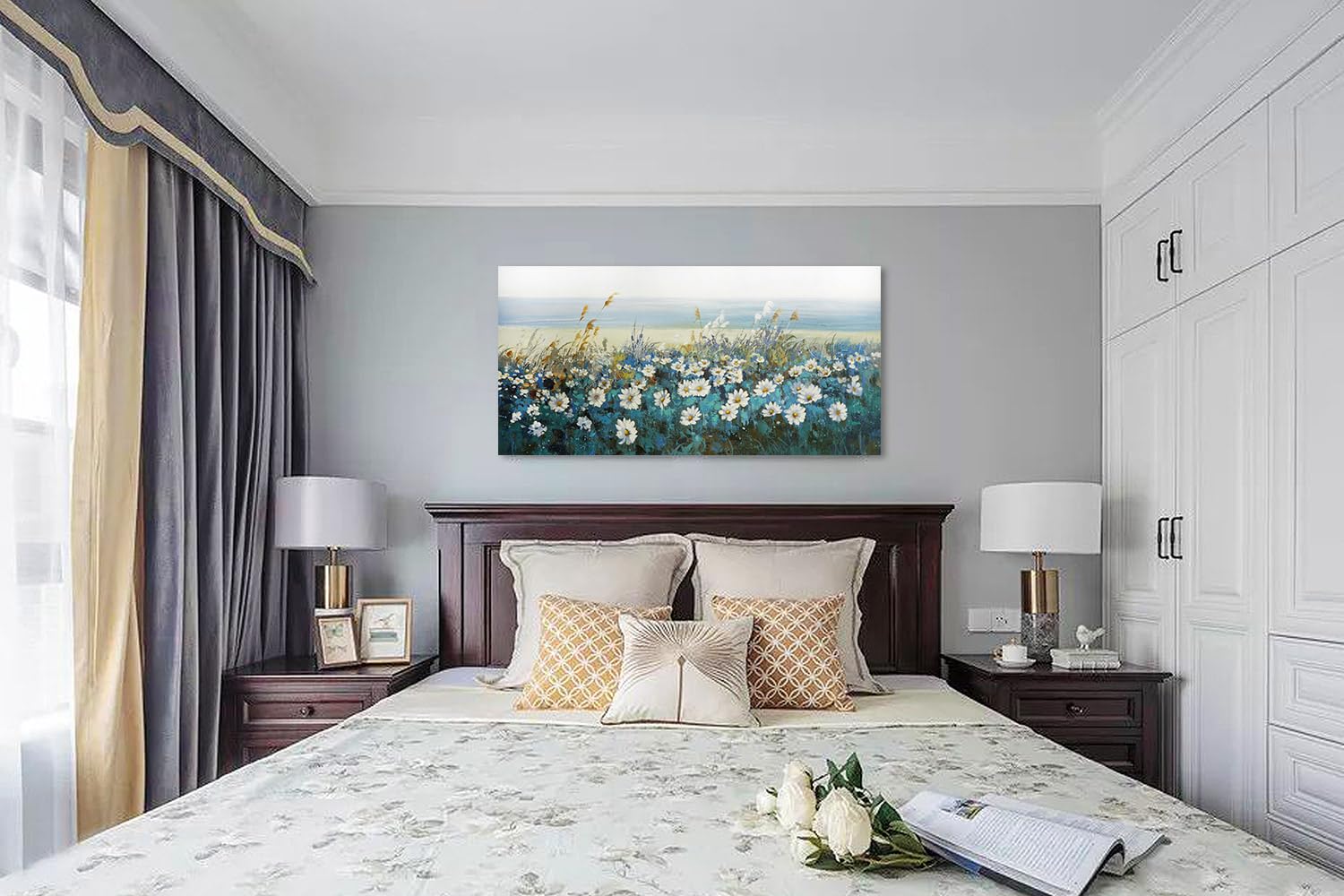 Arjun Flowers Wall Art Canvas White Daisy Floral Painting Blue Coastal Landscape Picture, Modern Large Size Framed Artwork For L