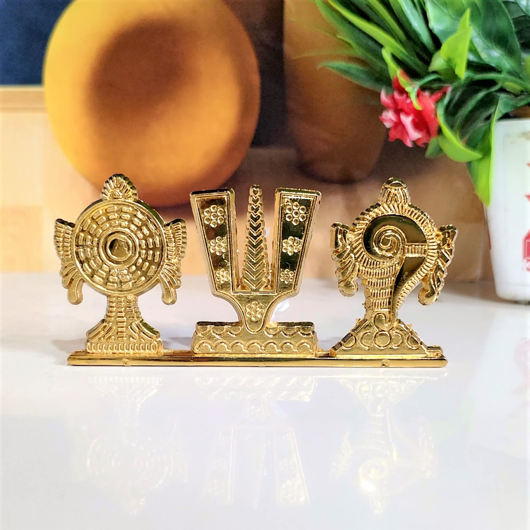 Kridaykraft Tirupati Balaji Symbol Stand Shankh Chakra Namah Gold Plating Antique Decorative For Car Dashboard Home & Office Tab