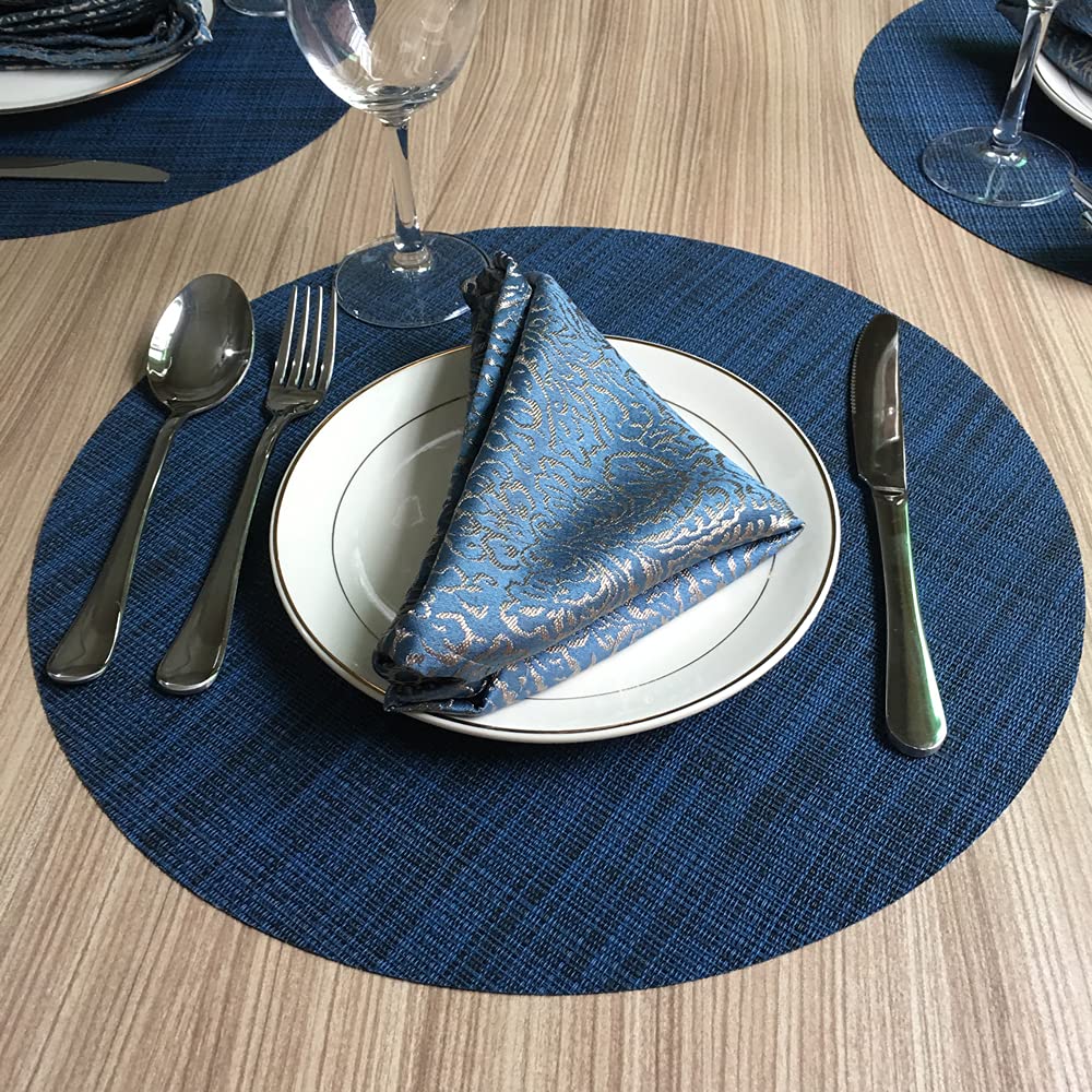Wazaigur Round Placemats Set Of 6 Woven Vinyl Easy To Clean Heat Resistant Kitchen Table Mats 15 Inch(Navy Blue 6)