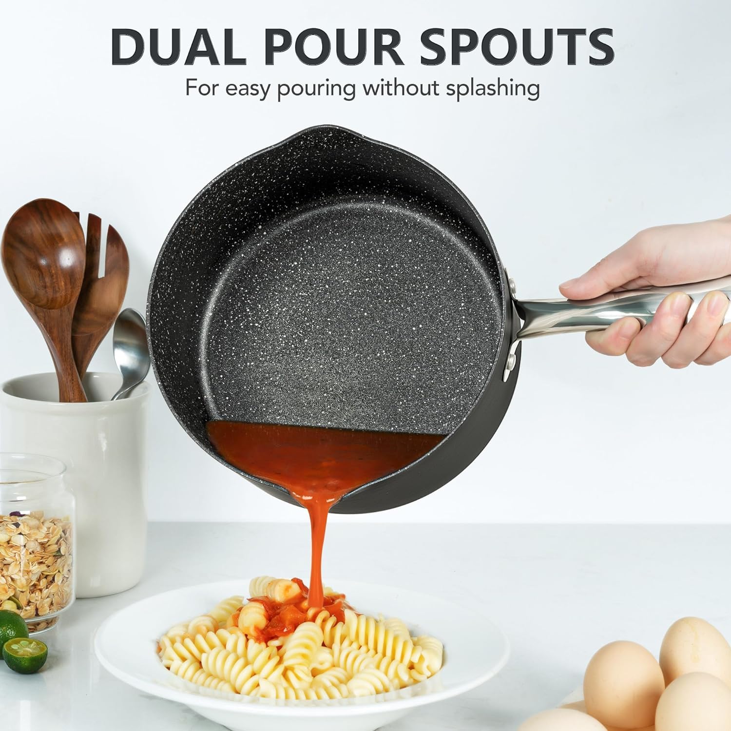 Michelangelo 3 Quart Saucepan With Lid, Hard Anodized Nonstick Sauce Pan With Strainer Lid & Pour Spouts For Easy Pour, Granite