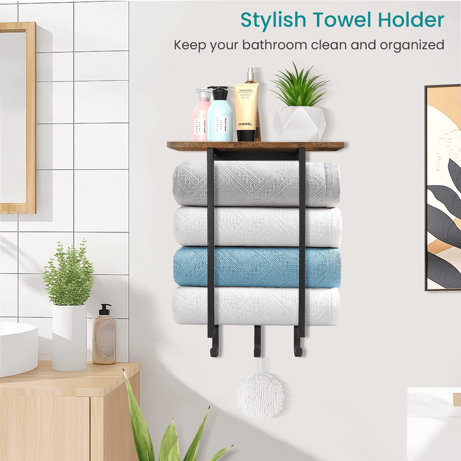 Eliteroo Towel Racks For Bathroom Wall Mounted, Towel Holder With Wooden Shelf And 3 Hooks For Washcloths Hand Towel, Bath Towel