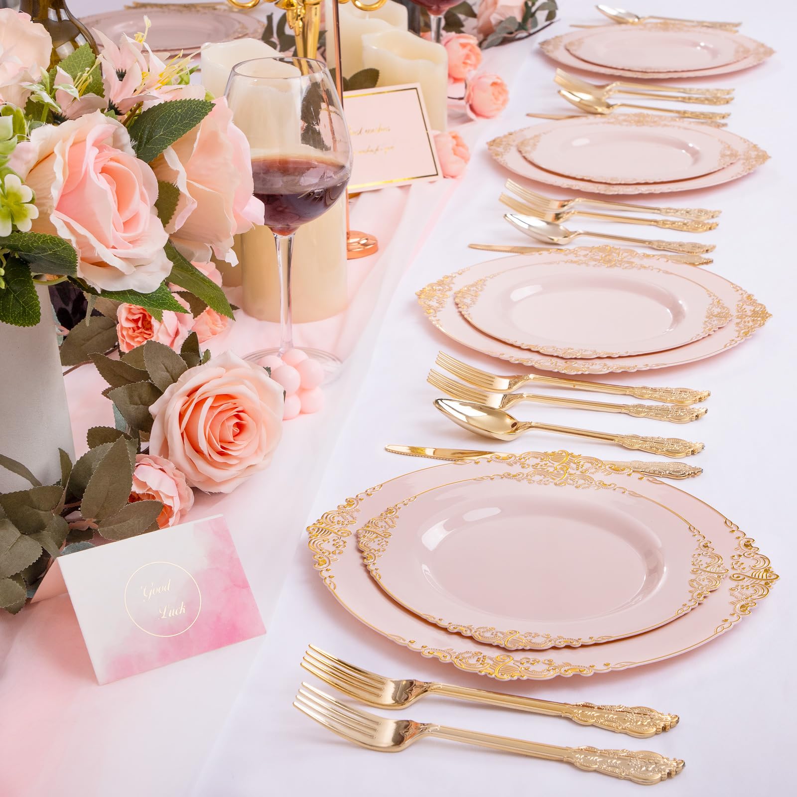 Joyido 102Pcs Pink Plastic Plates With Gold Rim - Pink Heavywight Disposable Dinner & Dessert Plates For 51 Guests Weddings & Va
