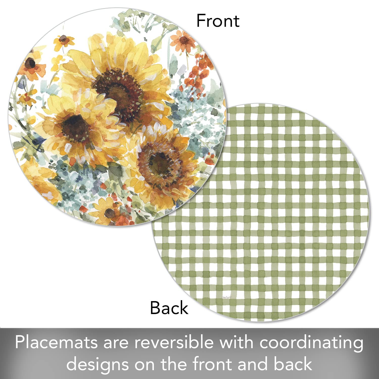 Counterart Sunflowers Forever 4 Pack Round Reversible Easy Care Flexible Plastic Placemats Made In The Usa Reversible Flexible E