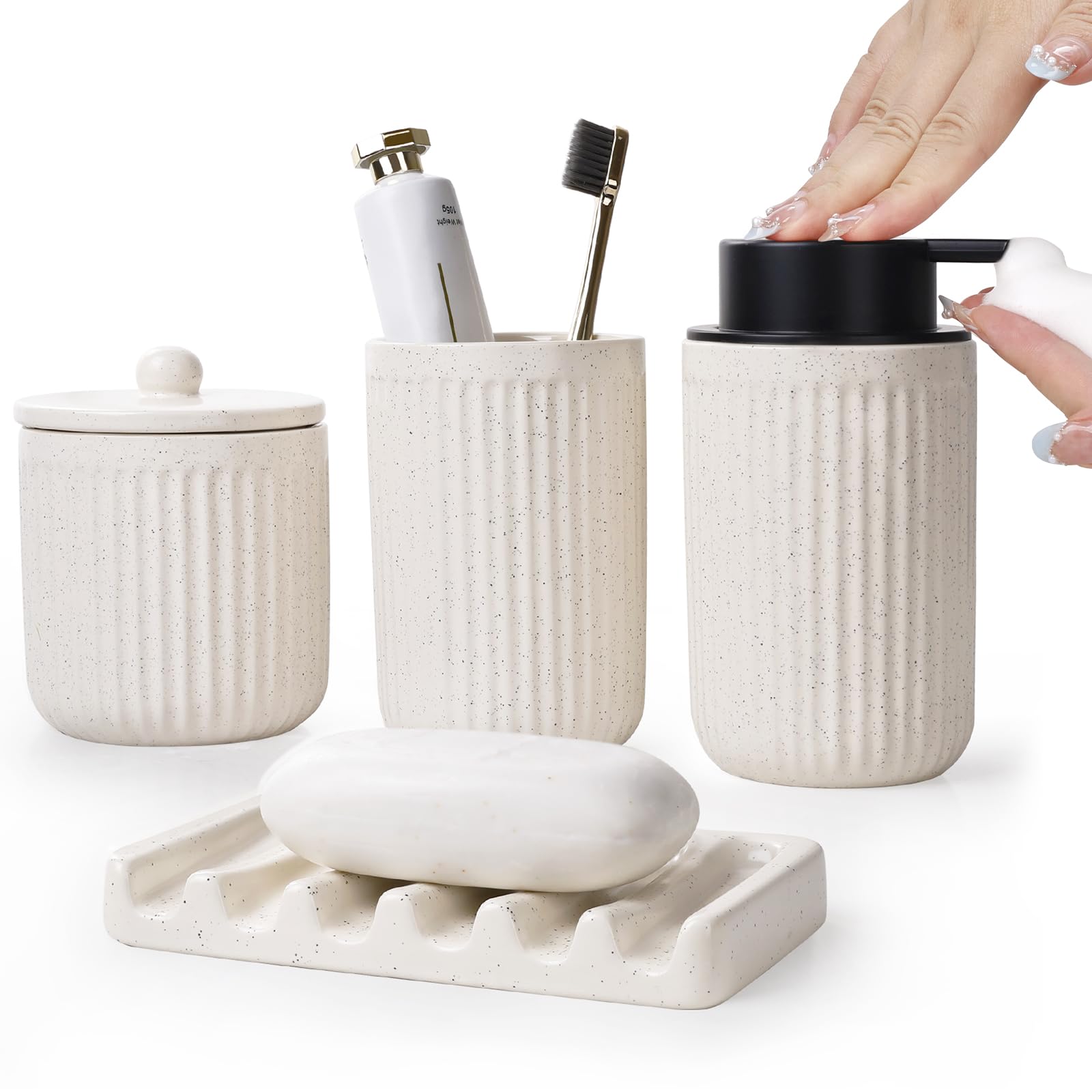 Bosilunlife Beige Bathroom Accessories Set - Ceramic Bathroom Counter Soap Set Bathroom Decor Sets Accessories Bathroom Lotion S