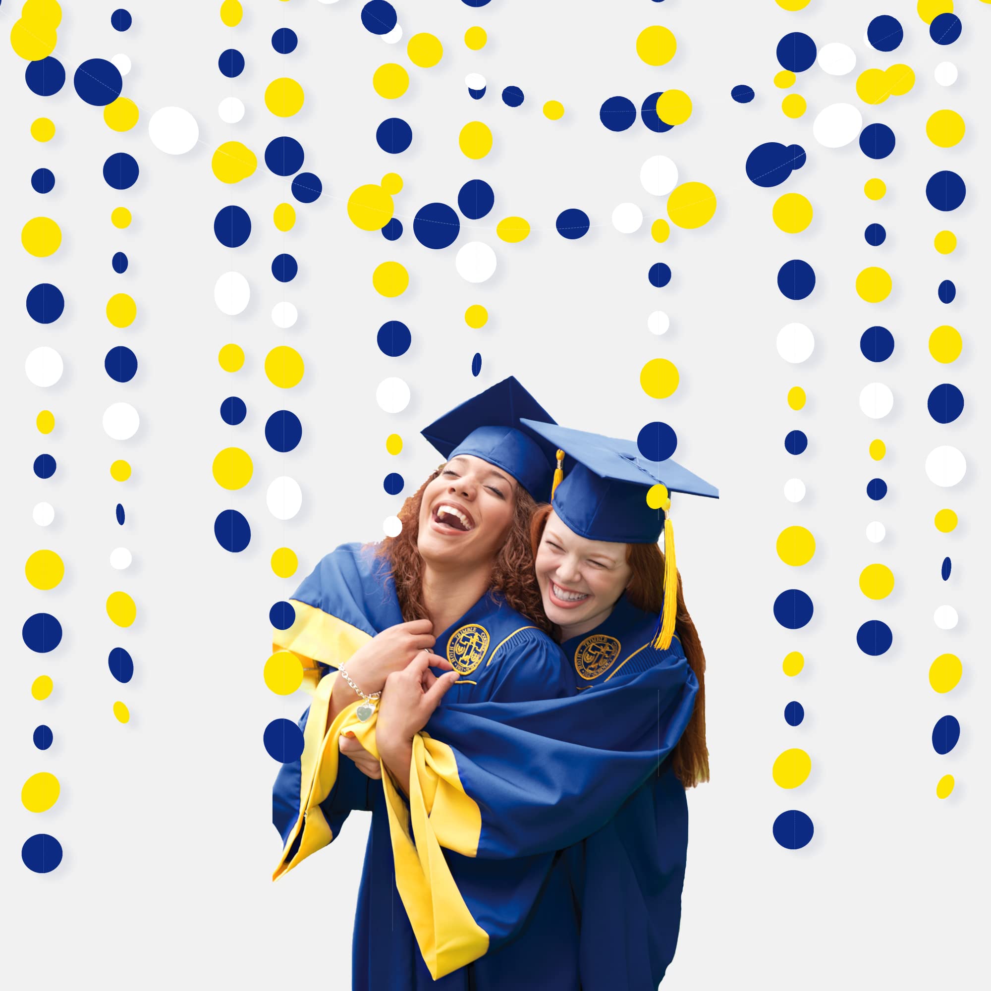 46Ft Navy Blue And Yellow Circle Dots Garland Royal Blue Yellow White Hanging Paper Polka Dot Streamer For Graduation Birthday W