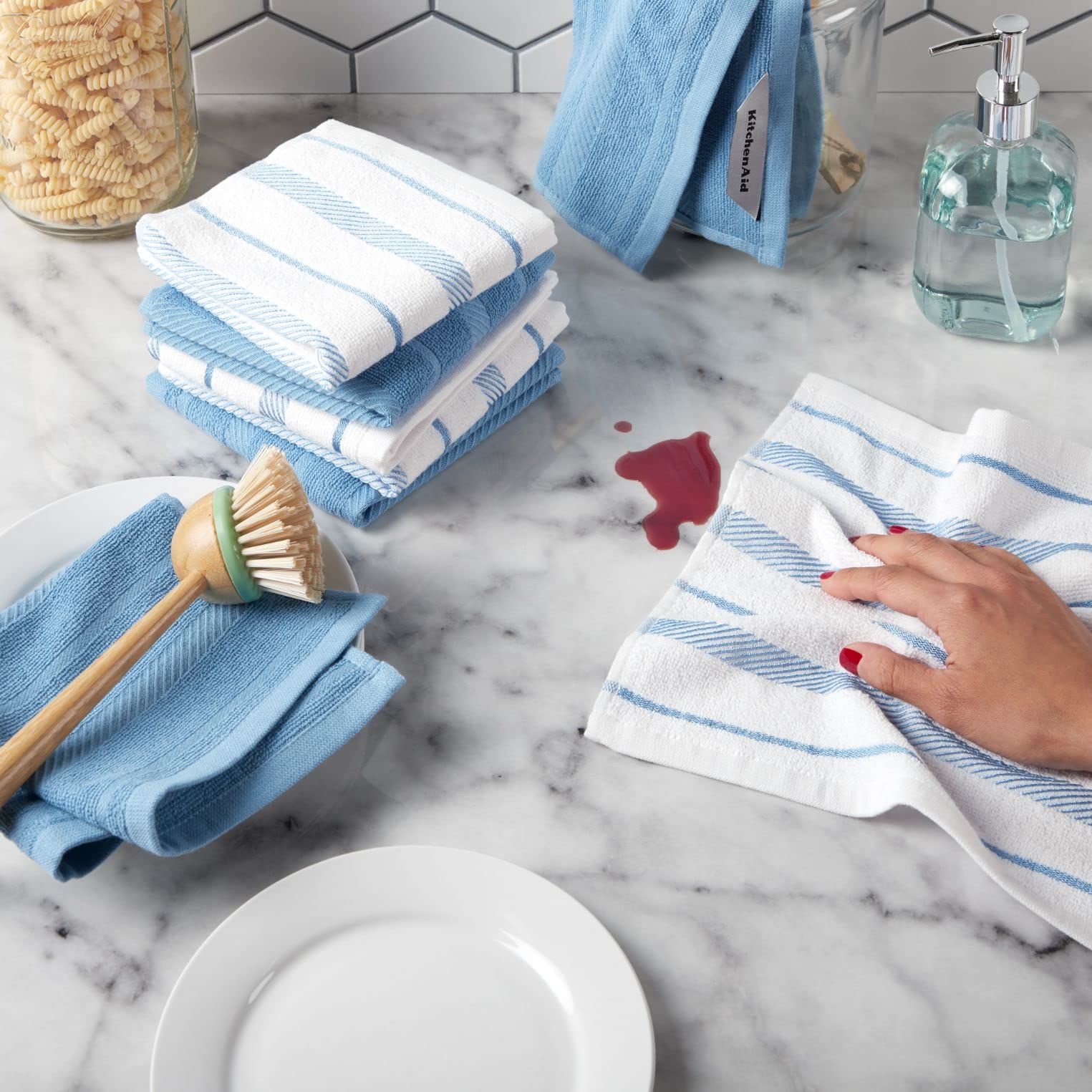 Kitchenaid Albany Dishcloth 8 Pack Set, Blue Velvet/White, 12''X12''