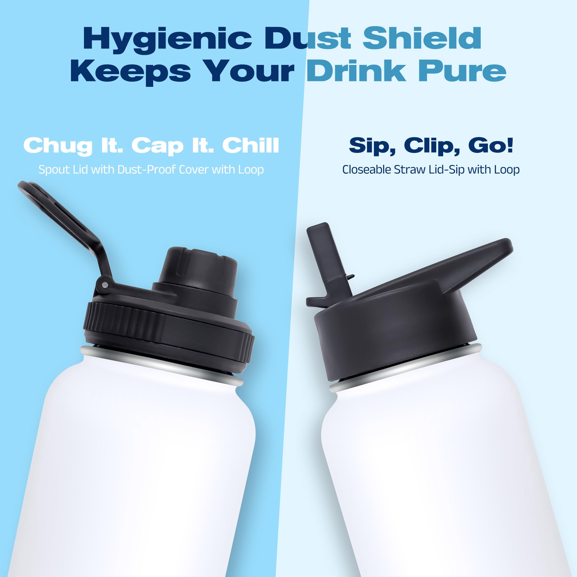 DUIERA 32oz Insulated Water Bottle Vacuum Stainless Steel Water Bottle with Straw & Leak Proof Spout Lids  BPA Free  Keep Beverage Cold or Hot - White