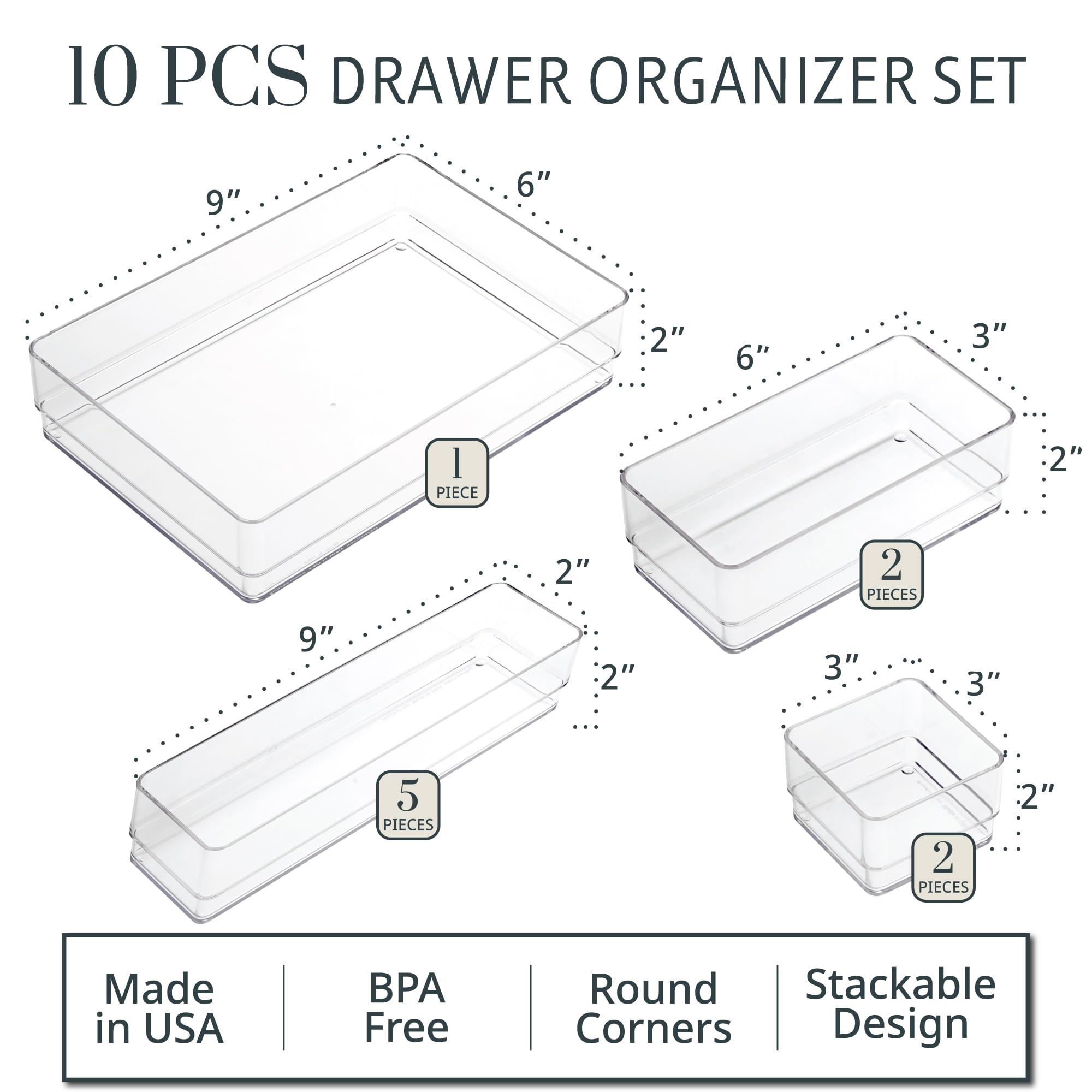 STORi SimpleSort 10-Piece Stackable Clear Drawer Organizer Set | Multi-size Trays | Makeup Vanity Storage Bins and Office Desk D