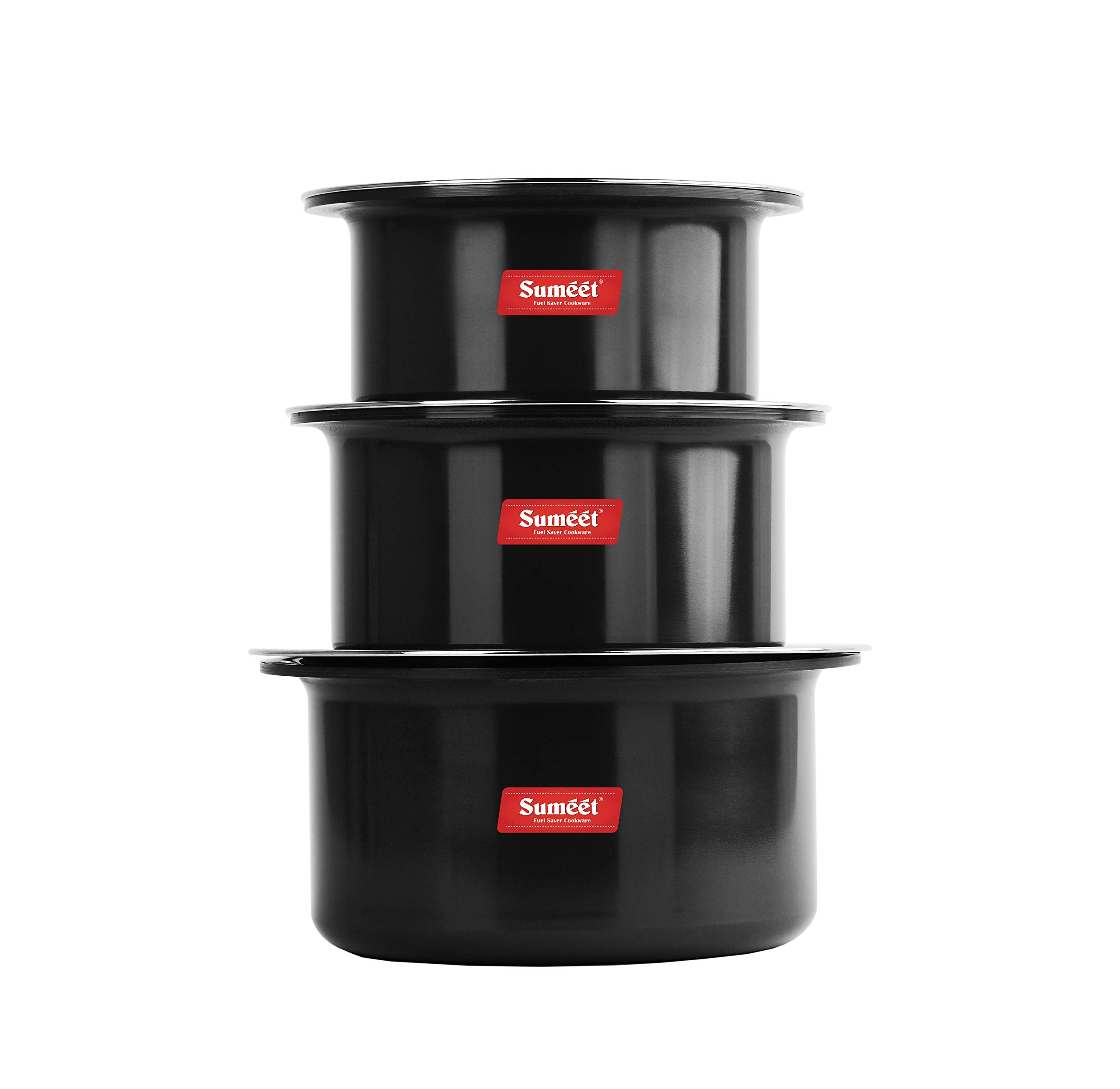 Sumeet Aluminium NonStick Anodized Tope Set, 700Ml, 1L, 1.4 L, 3 Piece (Black)