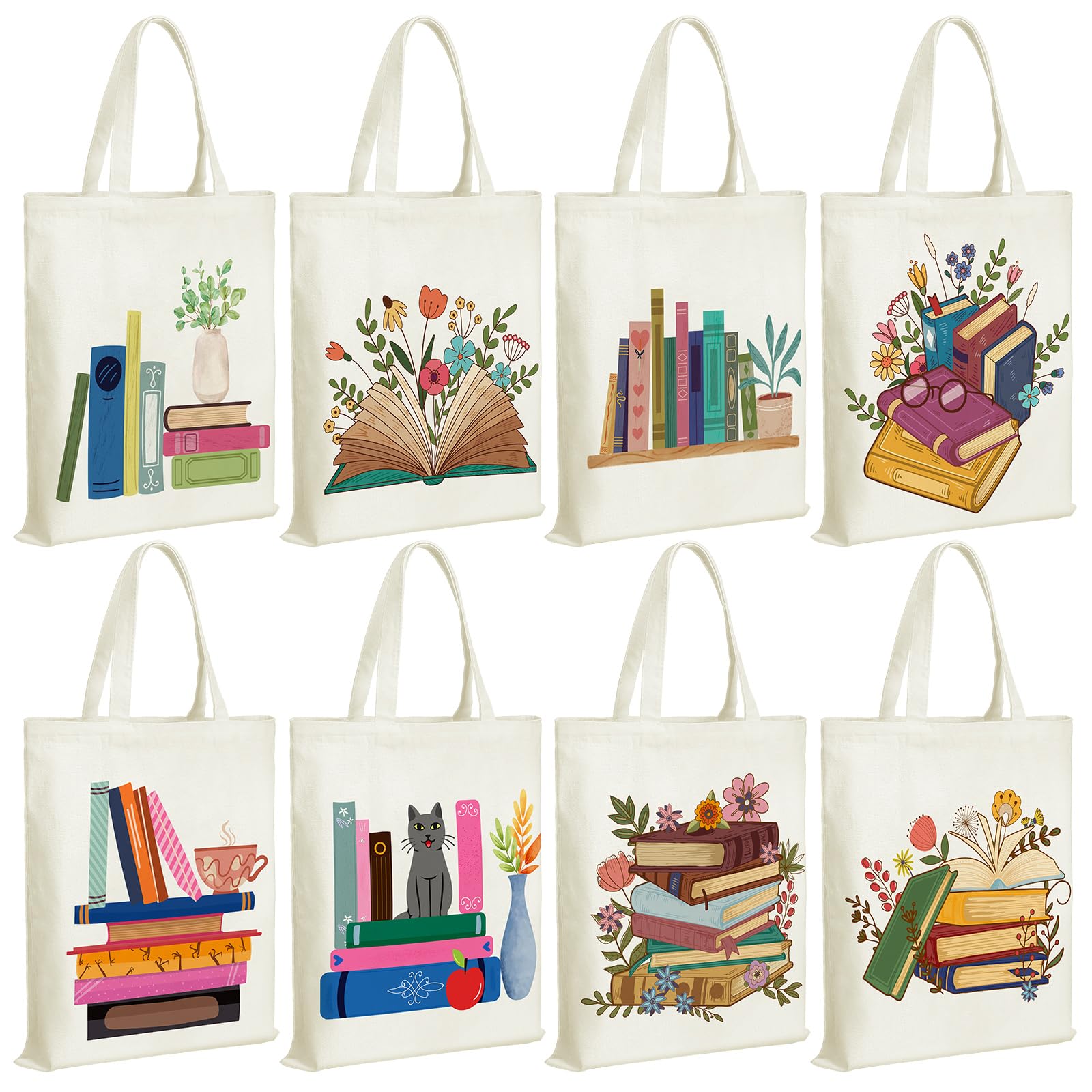Sweetude 8 Pcs Book Lovers Club Gifts Bulk Canvas Tote Bags Bookish Librarian Reader Gift for Women Teacher(Book)