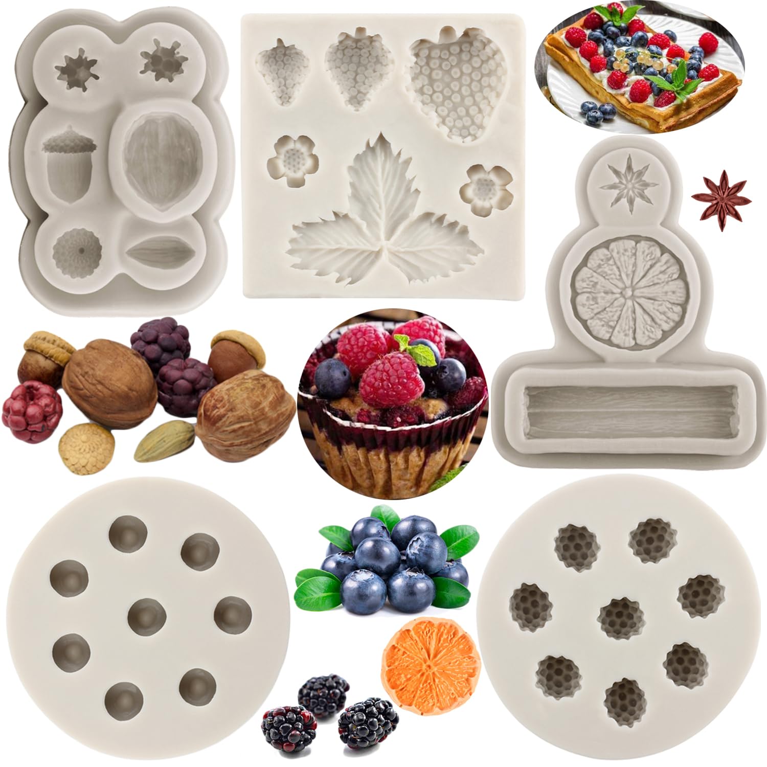 Sijiangmold Blueberry Raspberry Strawberry Fondant Molds Nuts Berries Silicone Mold Spices Star Anise Cinnamon Lemon Mold For Ca