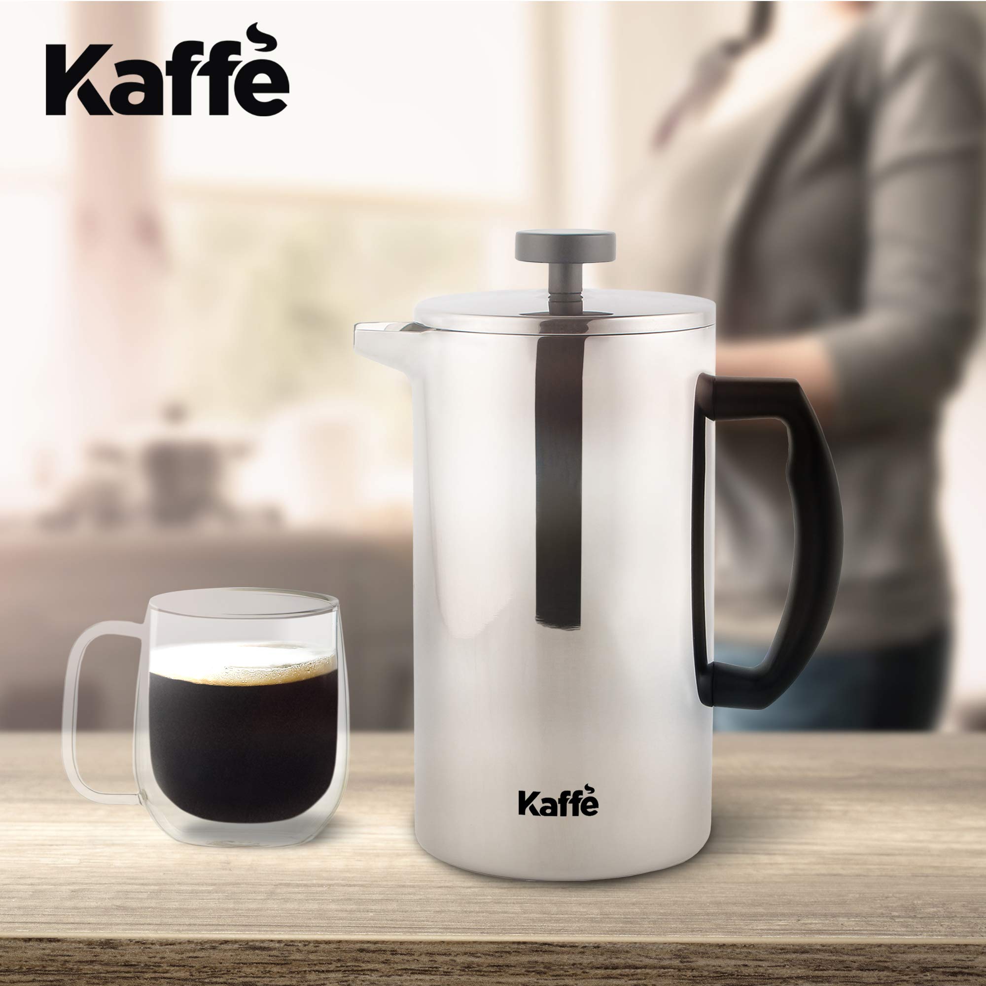 Kaffe Stainless Steel French Press Coffee Maker (27Oz / 0.8L) - Double-Wall Insulated Coffee Press Stainless Steel - Travel & Ca