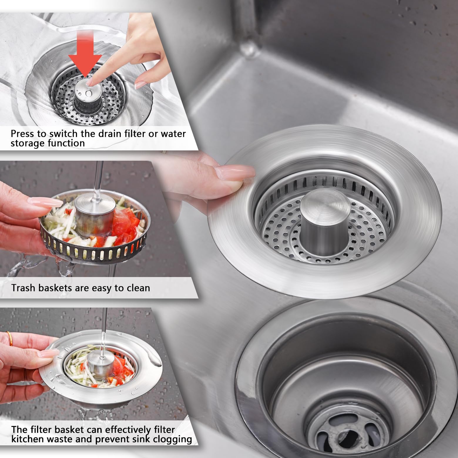 Yonisun 2Pcs Upgraded 3 In 1 Kitchen Sink Drain Strainer,Anti-Clogging Sink Food Catcher Basket, Stainless Steel Pop-Up Kitchen