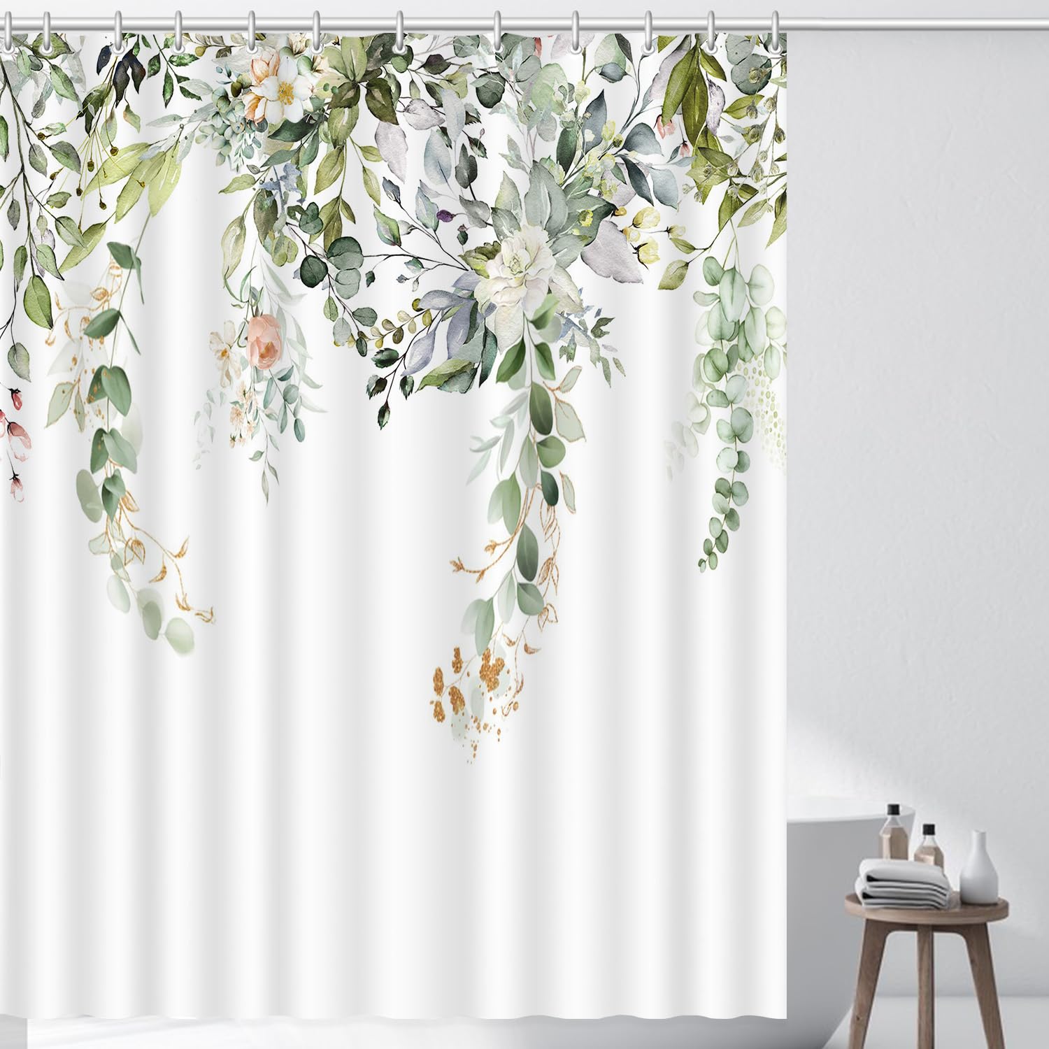 Romantic Angels Sage Green Shower Curtain Watercolor Eucalyptus Shower Curtain Leaves Botanical Floral Flower Fabric Bathroom Cu