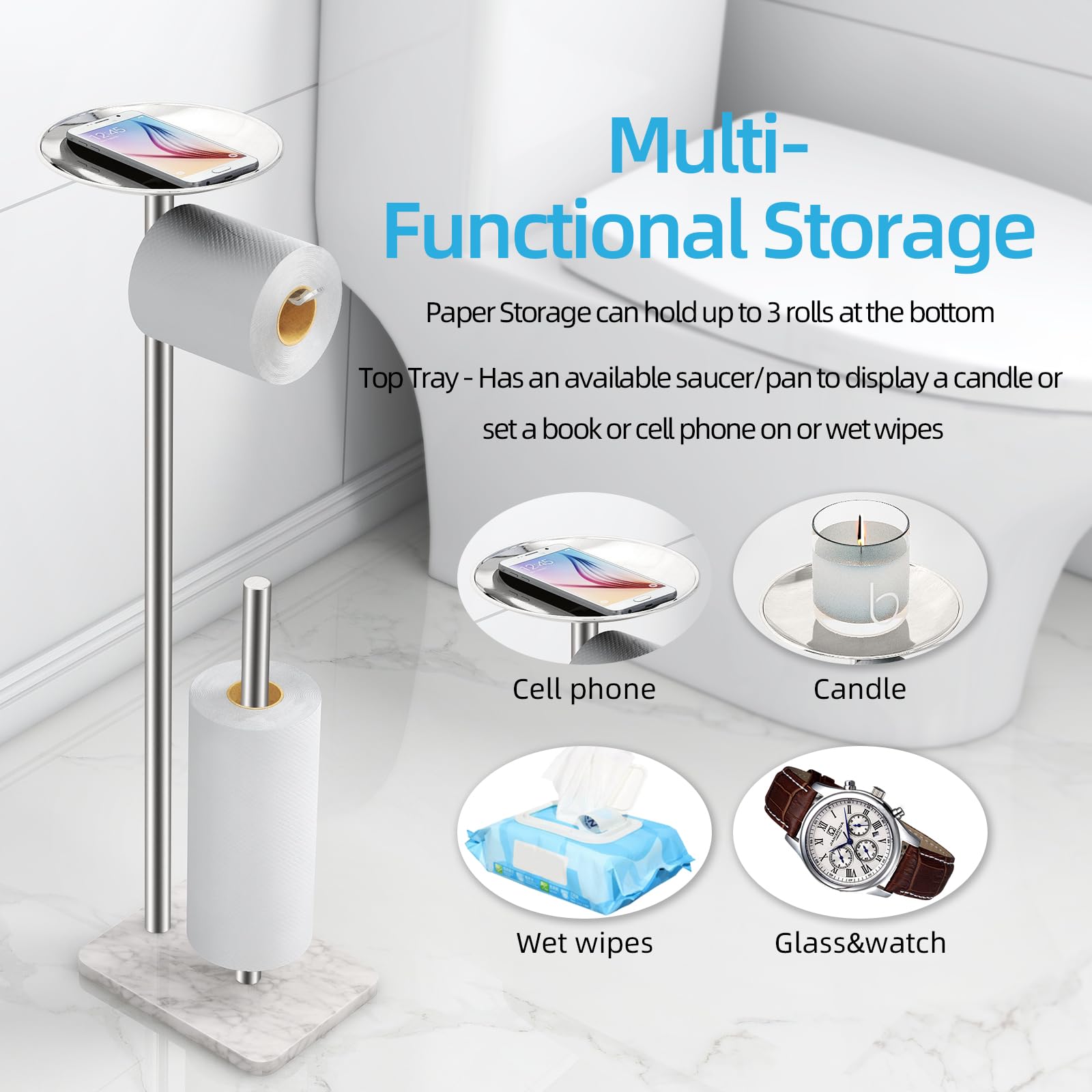 Toilet Paper Holder Free Standing With Marble Base: Stainless Steel Toilet Paper Holder Stand With Top Tray For Candles, Cell Ph
